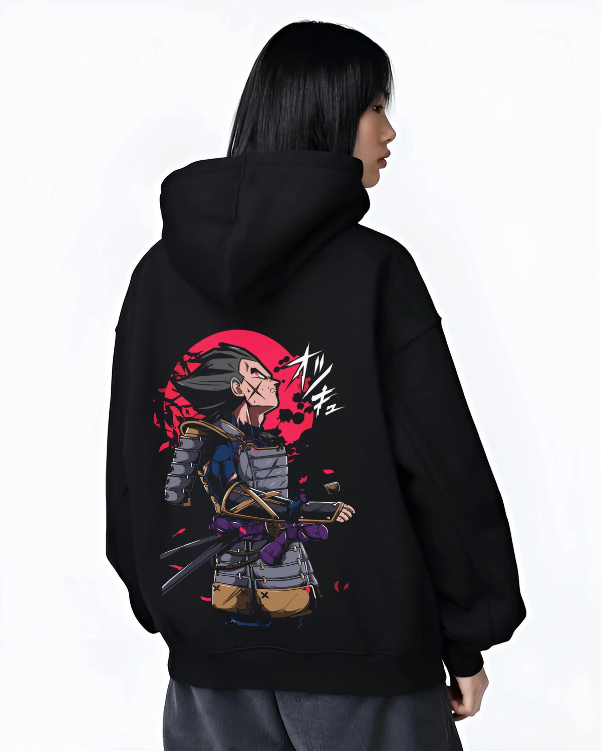 Black hoodie worn by female model from the back featuring Vegeta samurai armour Saiyan warrior Dragon Ball artwork.