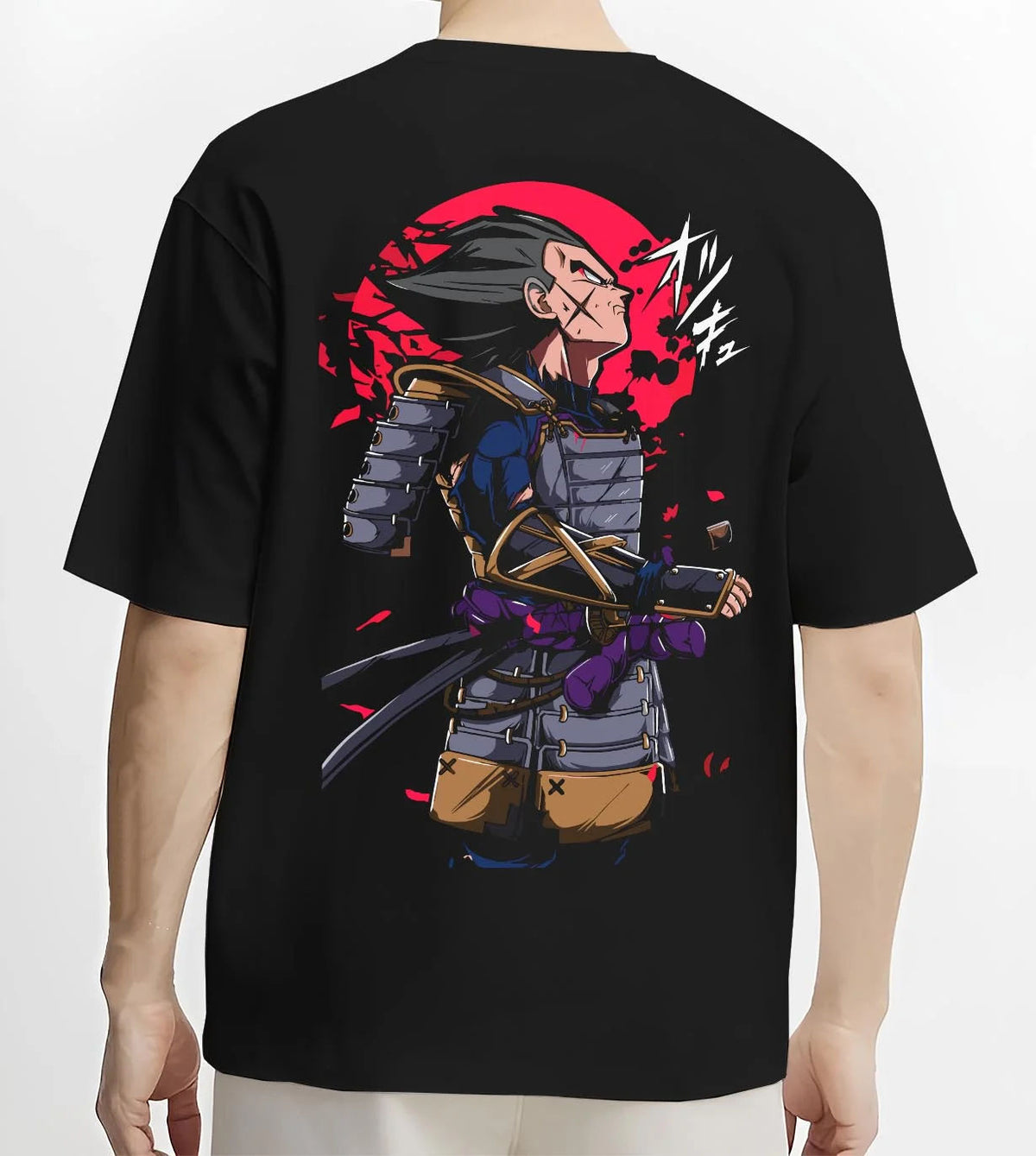 Black T-shirt worn by male model from the back featuring Vegeta samurai armour Saiyan warrior Dragon Ball artwork.