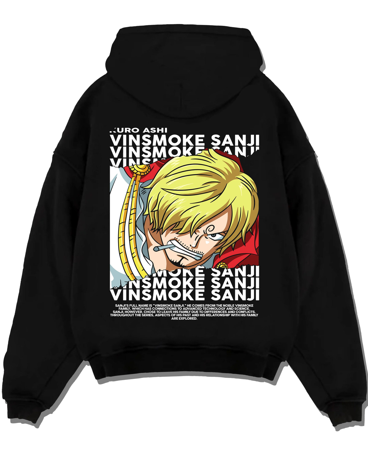 Black hoodie laid flat featuring Sanji chef Black Leg pirate cook One Piece artwork.