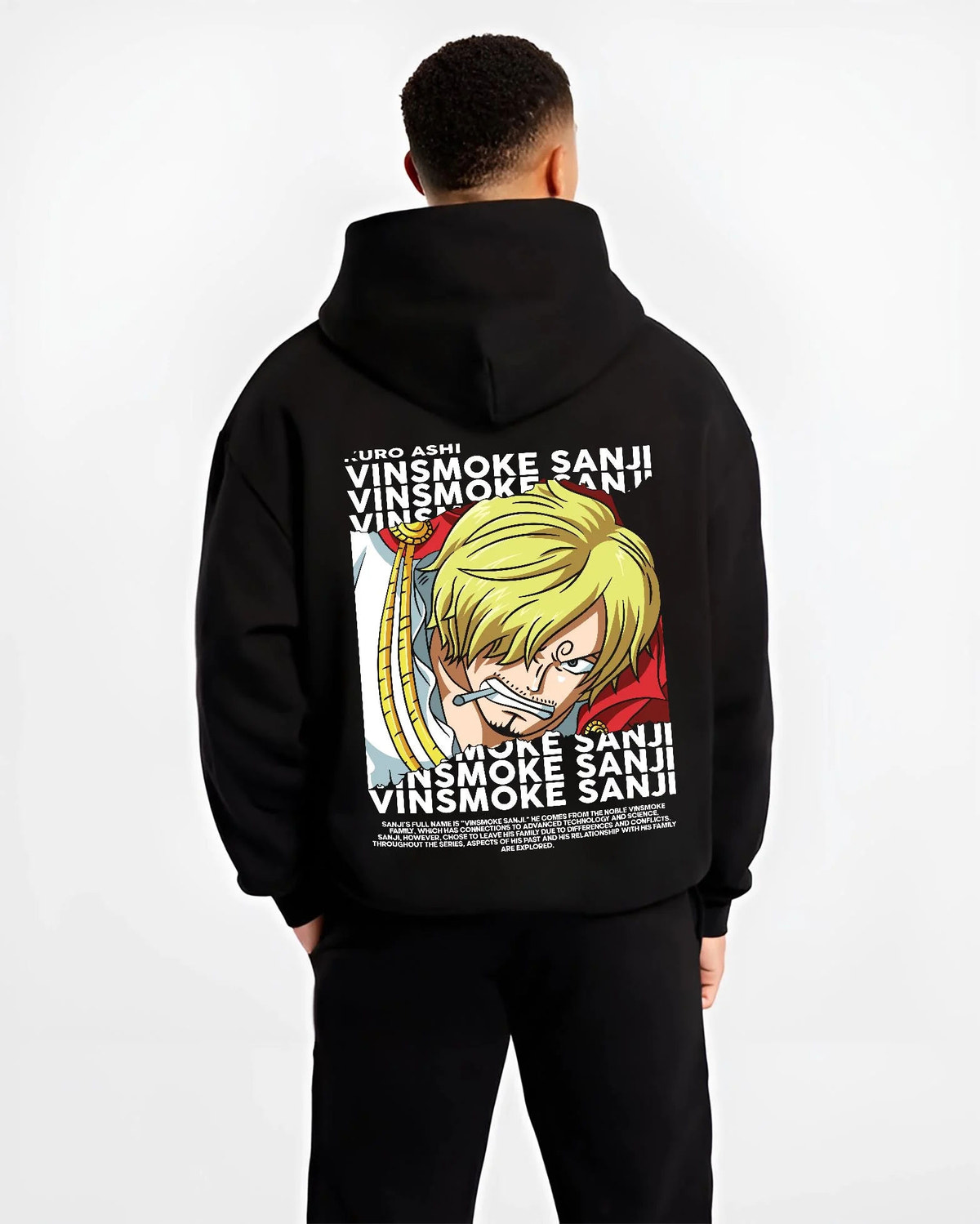 Black hoodie worn by male model from the back featuring Sanji chef Black Leg pirate cook One Piece artwork.