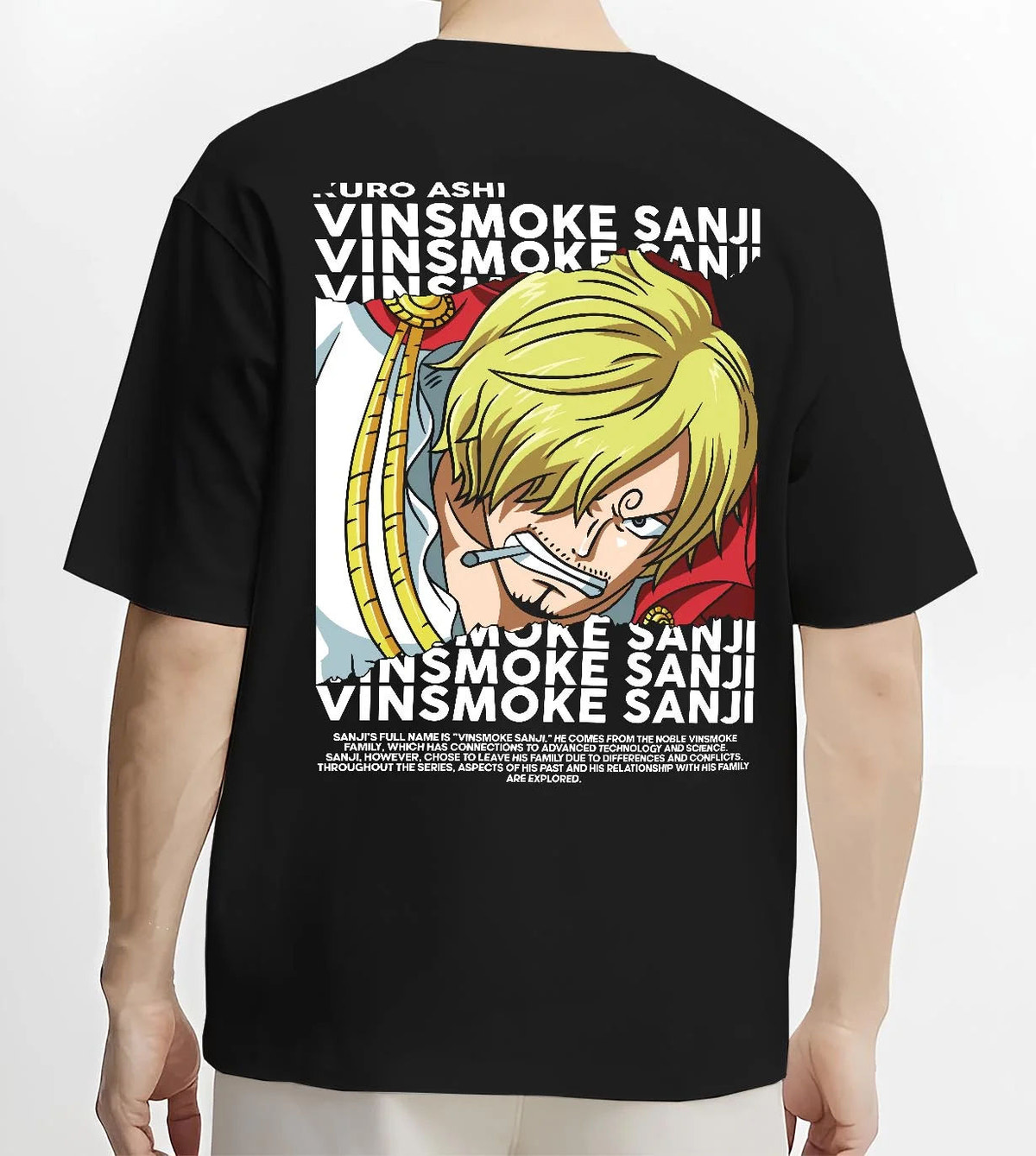 Black T-shirt worn by male model from the back featuring Sanji chef Black Leg pirate cook One Piece artwork.