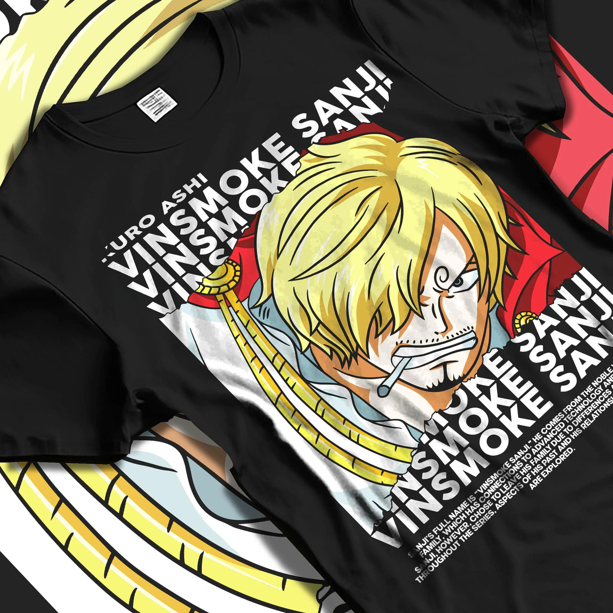 Black T-shirt laid flat with natural folds featuring Sanji chef Black Leg pirate cook One Piece artwork.
