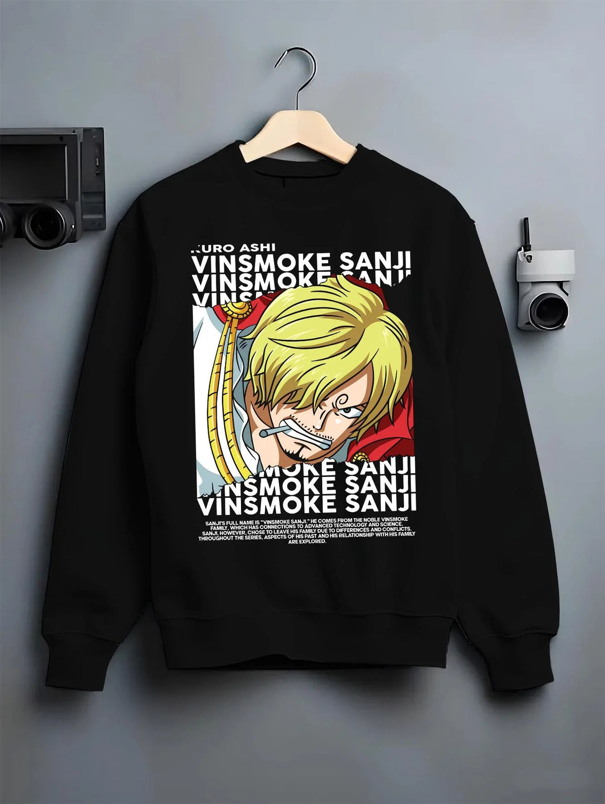 Black crewneck sweatshirt on hanger featuring Sanji chef Black Leg pirate cook One Piece artwork.