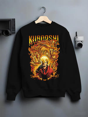 Black crewneck sweatshirt on a hanger against a grey wall, featuring Sanji Kuroashi One Piece anime poster inspired design with blazing dragon aura and manga tones.