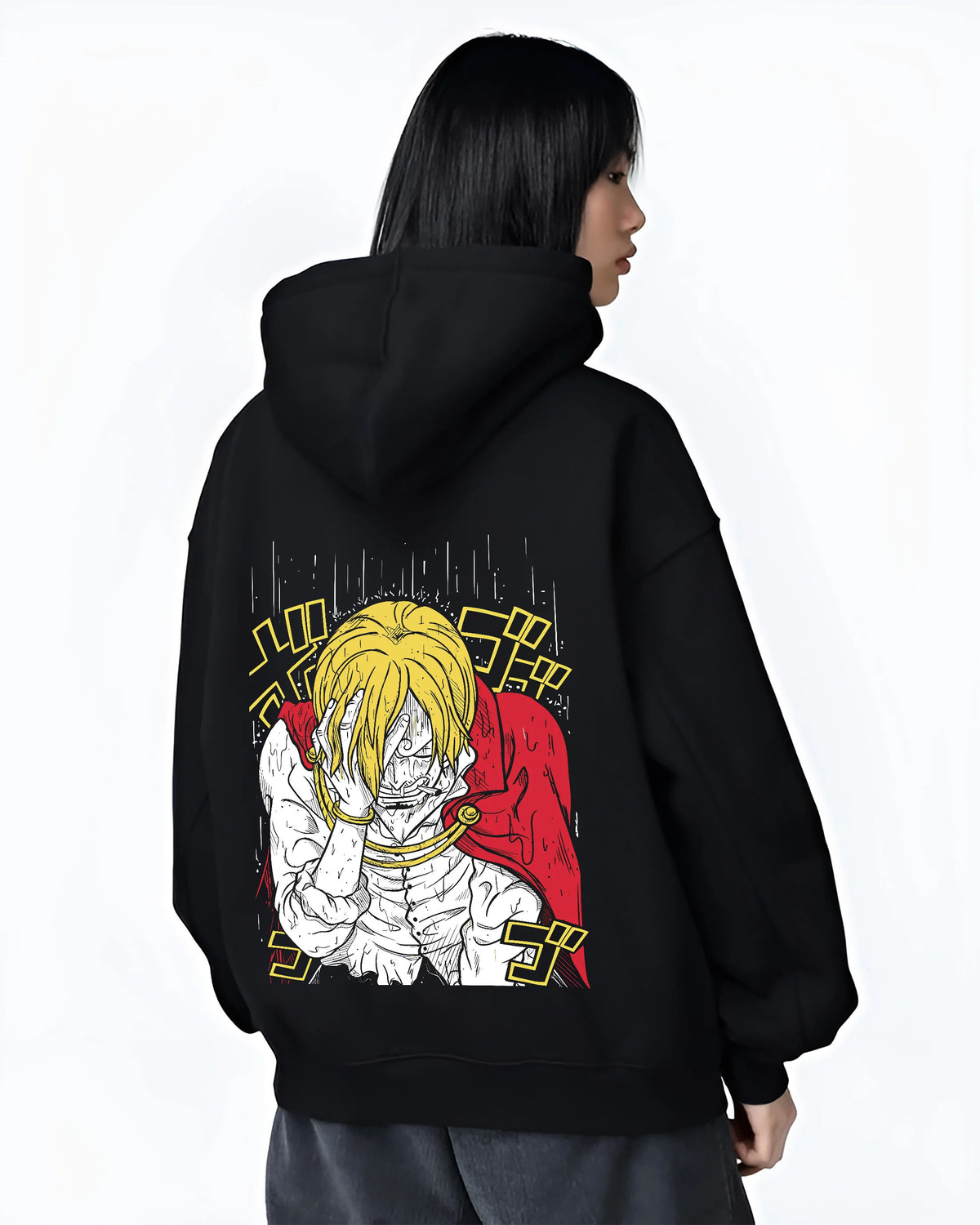 Black hoodie female model back view showing Vinsmoke Sanji from One Piece: blonde portrait in manga style