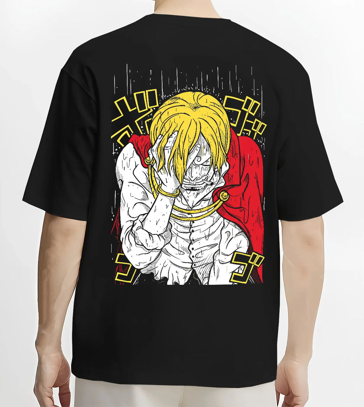Black T-shirt model back view showing Vinsmoke Sanji from One Piece: blonde portrait in manga style
