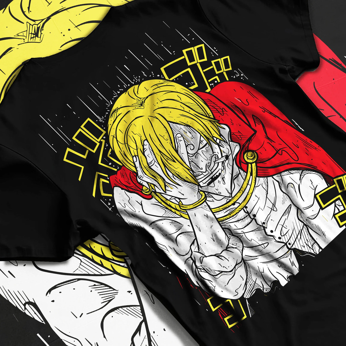 Black T-shirt flat back view showing Vinsmoke Sanji from One Piece: blonde portrait in manga style