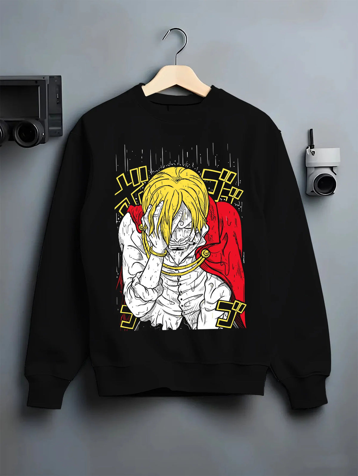 Black crewneck sweatshirt on hanger showing Vinsmoke Sanji from One Piece: blonde portrait in manga style