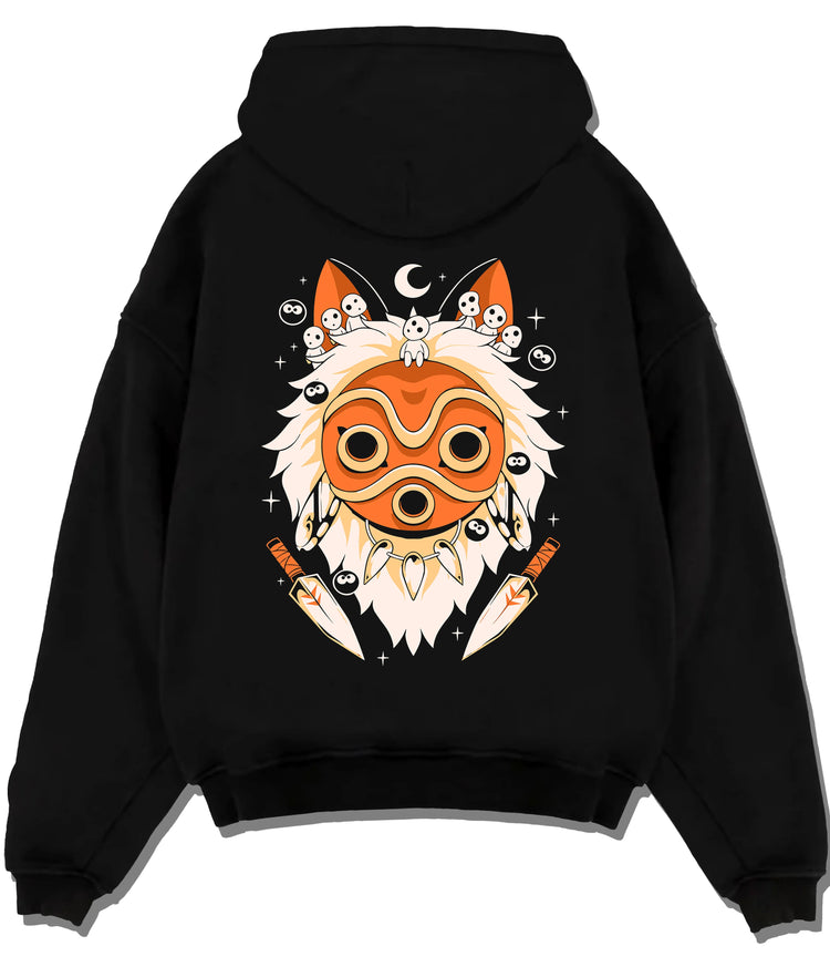 Black hoodie flat back view showing San / Princess Mononoke: red mask portrait