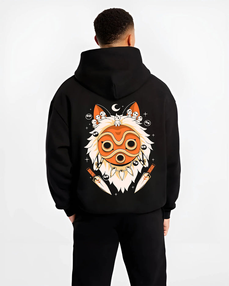 Black hoodie model back view showing San / Princess Mononoke: red mask portrait