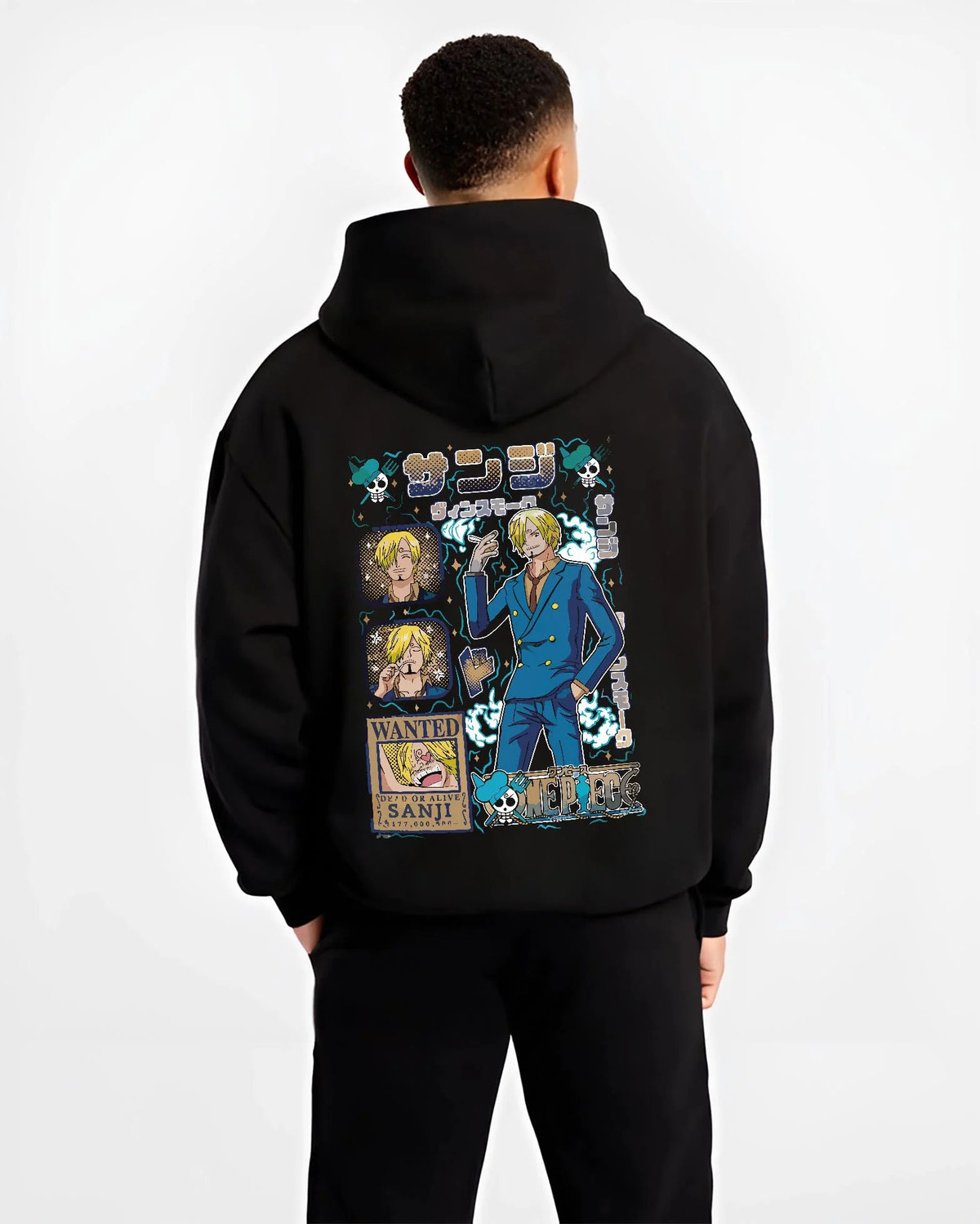 Black hoodie worn by male model from the back featuring Sanji smoking wanted poster One Piece artwork.