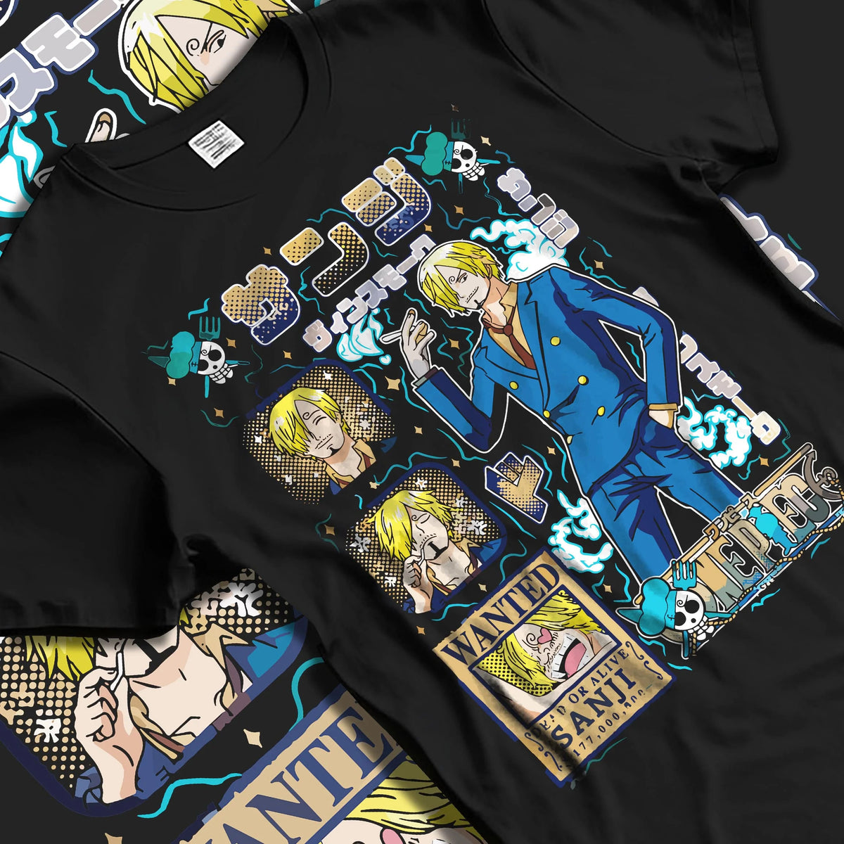 Black T-shirt laid flat with natural folds featuring Sanji smoking wanted poster One Piece artwork.