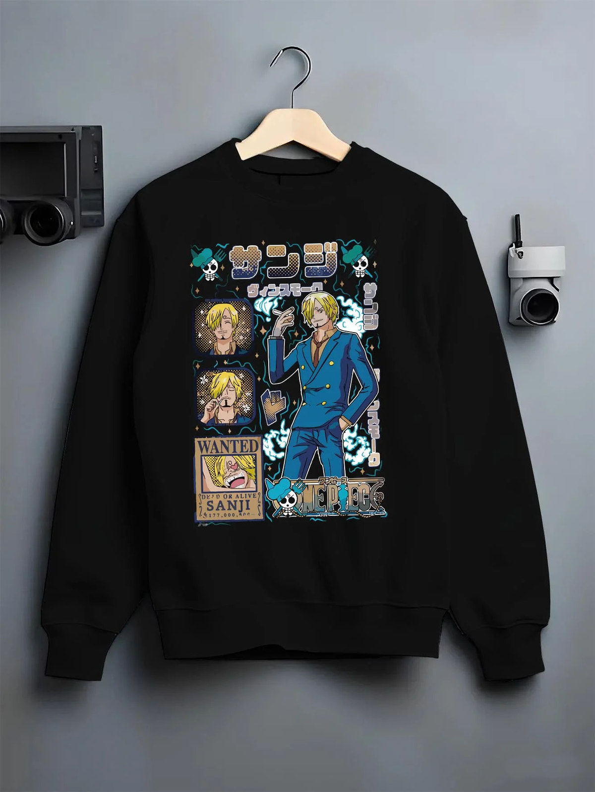Black crewneck sweatshirt on hanger featuring Sanji smoking wanted poster One Piece artwork.