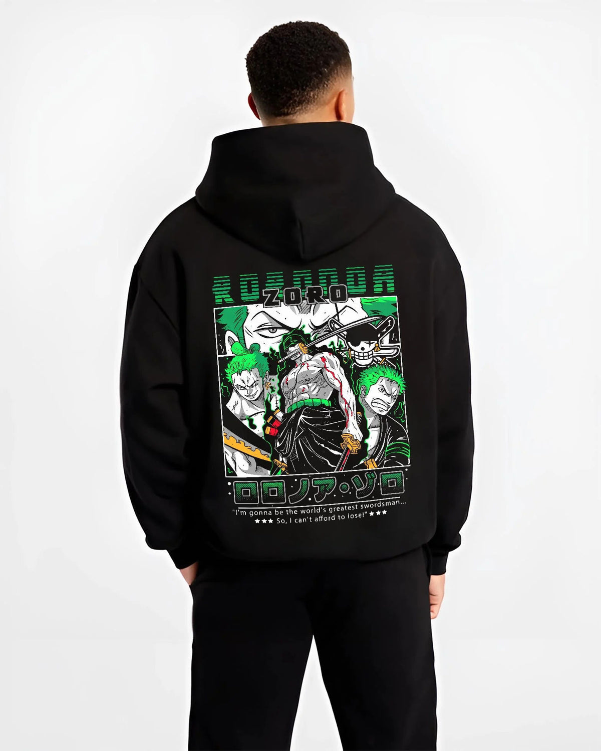 Black hoodie worn by male model from the back featuring Roronoa Zoro Santoryu three sword style One Piece artwork.