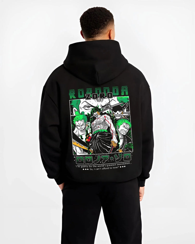 Black hoodie worn by male model from the back featuring Roronoa Zoro Santoryu three sword style One Piece artwork.
