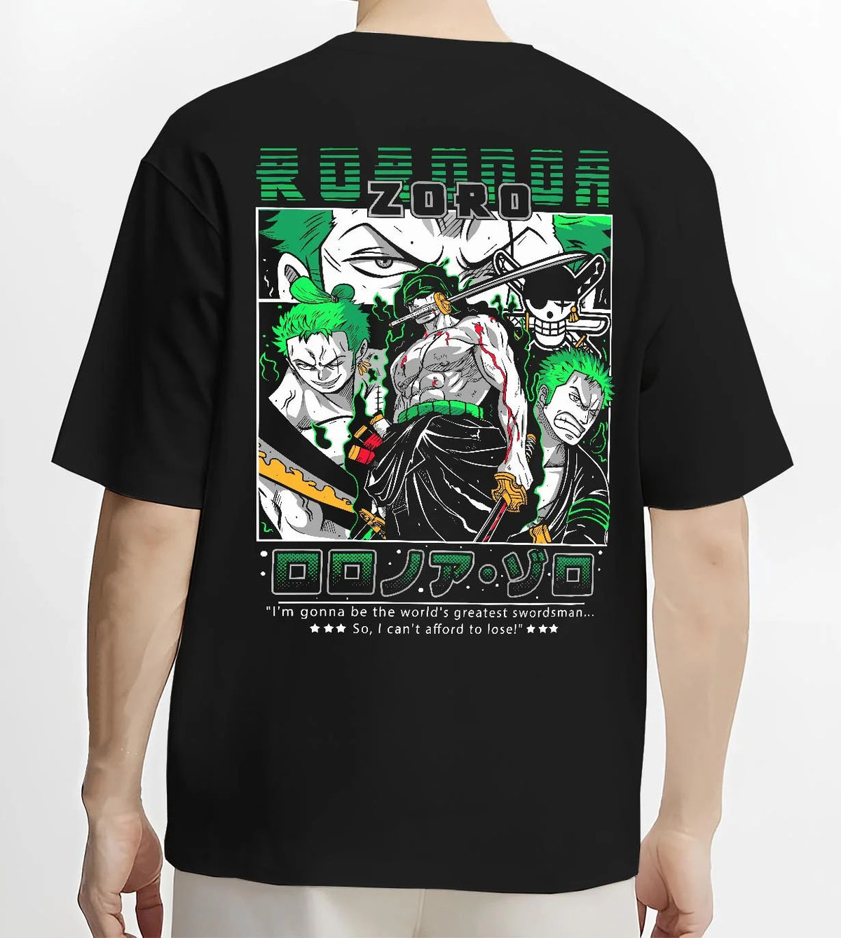 Black T-shirt worn by male model from the back featuring Roronoa Zoro Santoryu three sword style One Piece artwork.