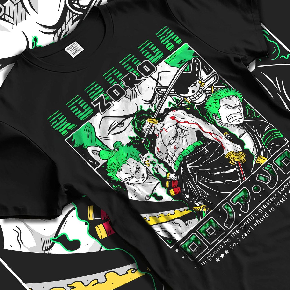 Black T-shirt laid flat with natural folds featuring Roronoa Zoro Santoryu three sword style One Piece artwork.