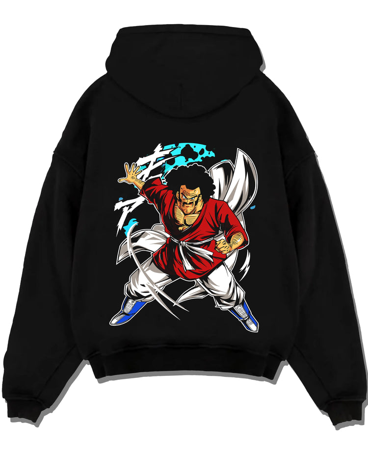 Black pullover hoodie laid flat with Mr Satan Hoodie Dragon Ball World Martial Arts graphic premium wear.