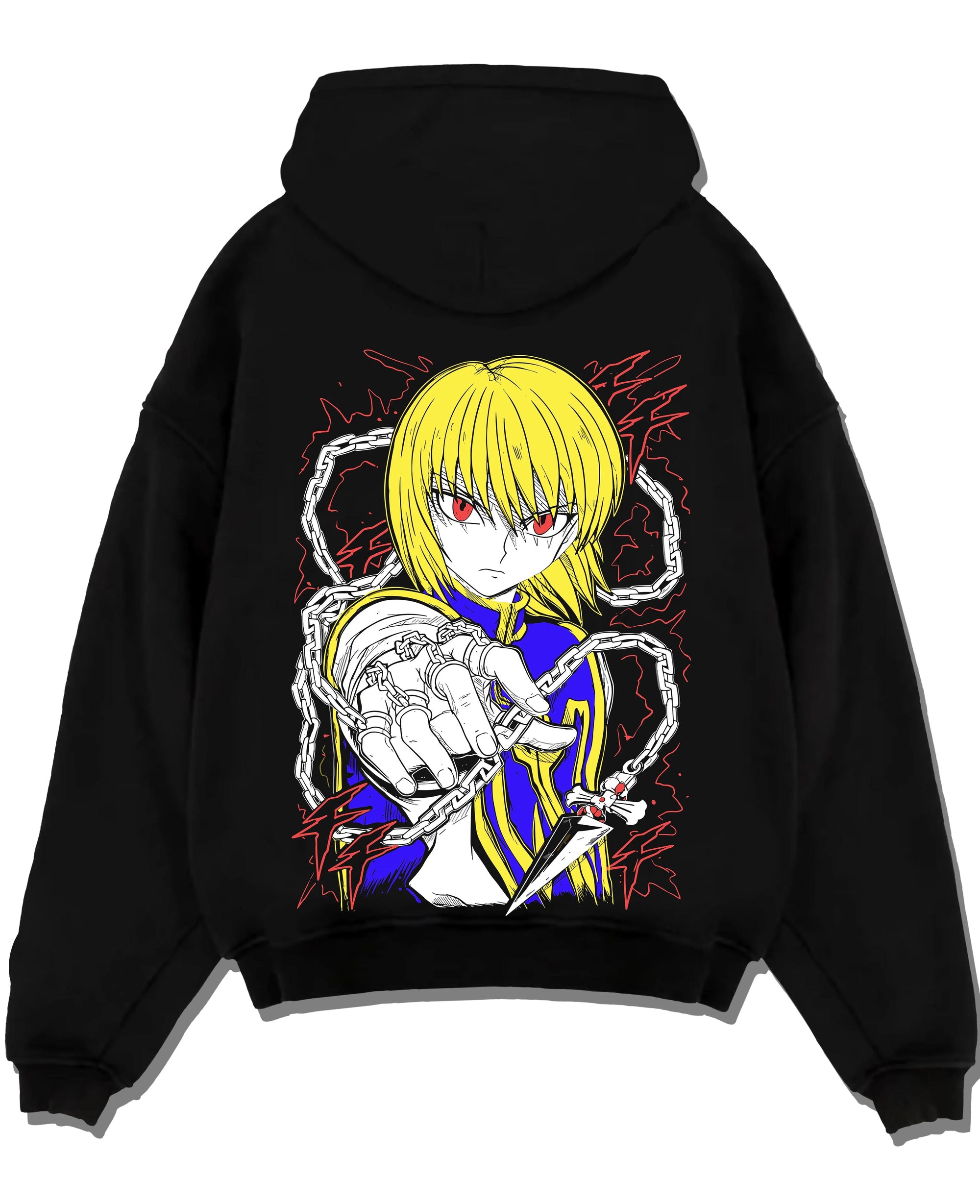 Black pullover hoodie laid flat with Kurapika Hoodie Hunter x Hunter Chain Emperor graphic bold anime graphic.