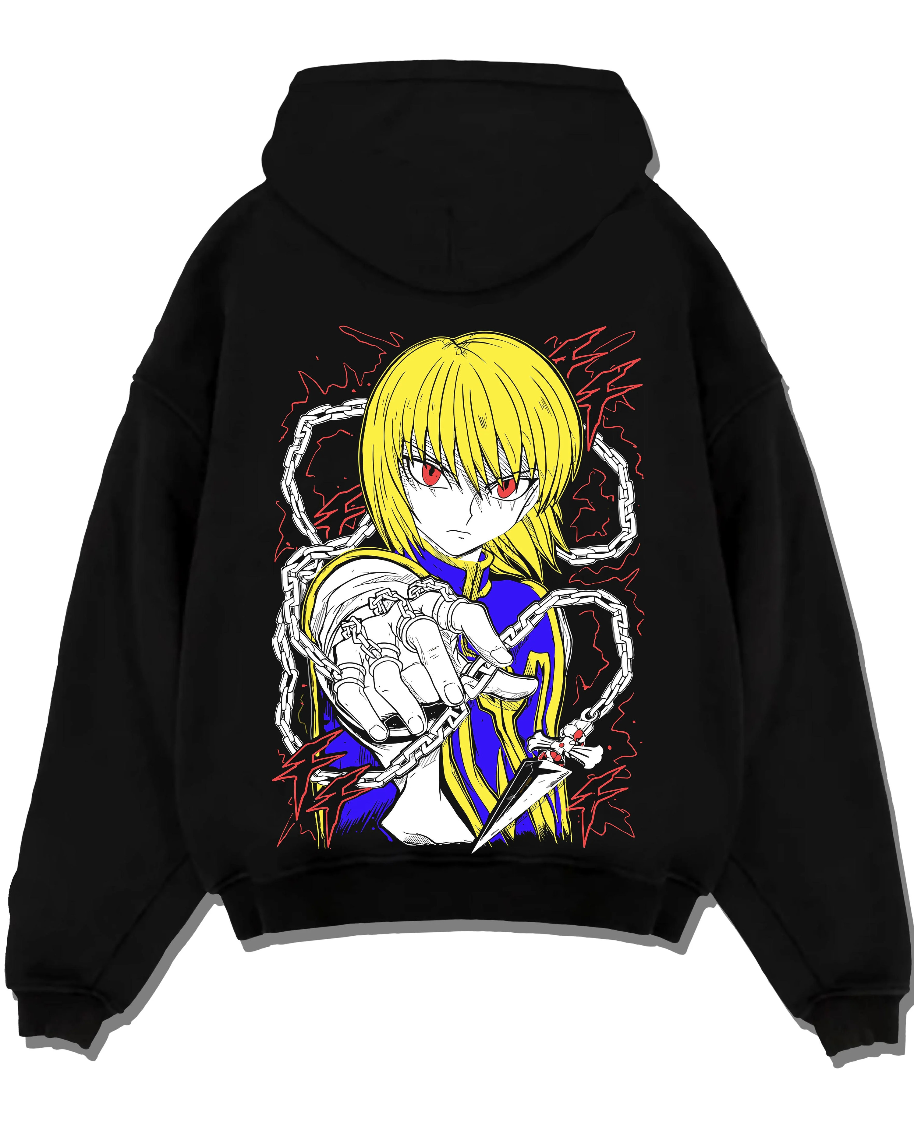Black pullover hoodie laid flat with Kurapika Hoodie Hunter x Hunter Chain Emperor graphic bold anime graphic.