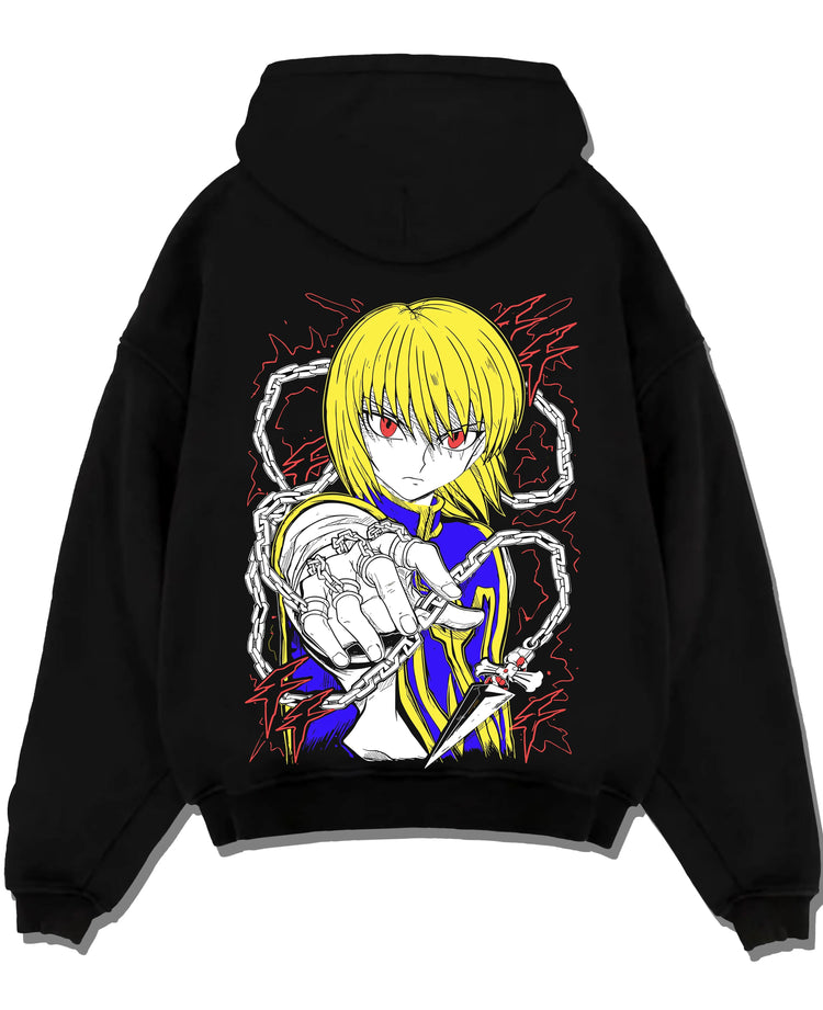Black pullover hoodie laid flat with Kurapika Hoodie Hunter x Hunter Chain Emperor graphic bold anime graphic.