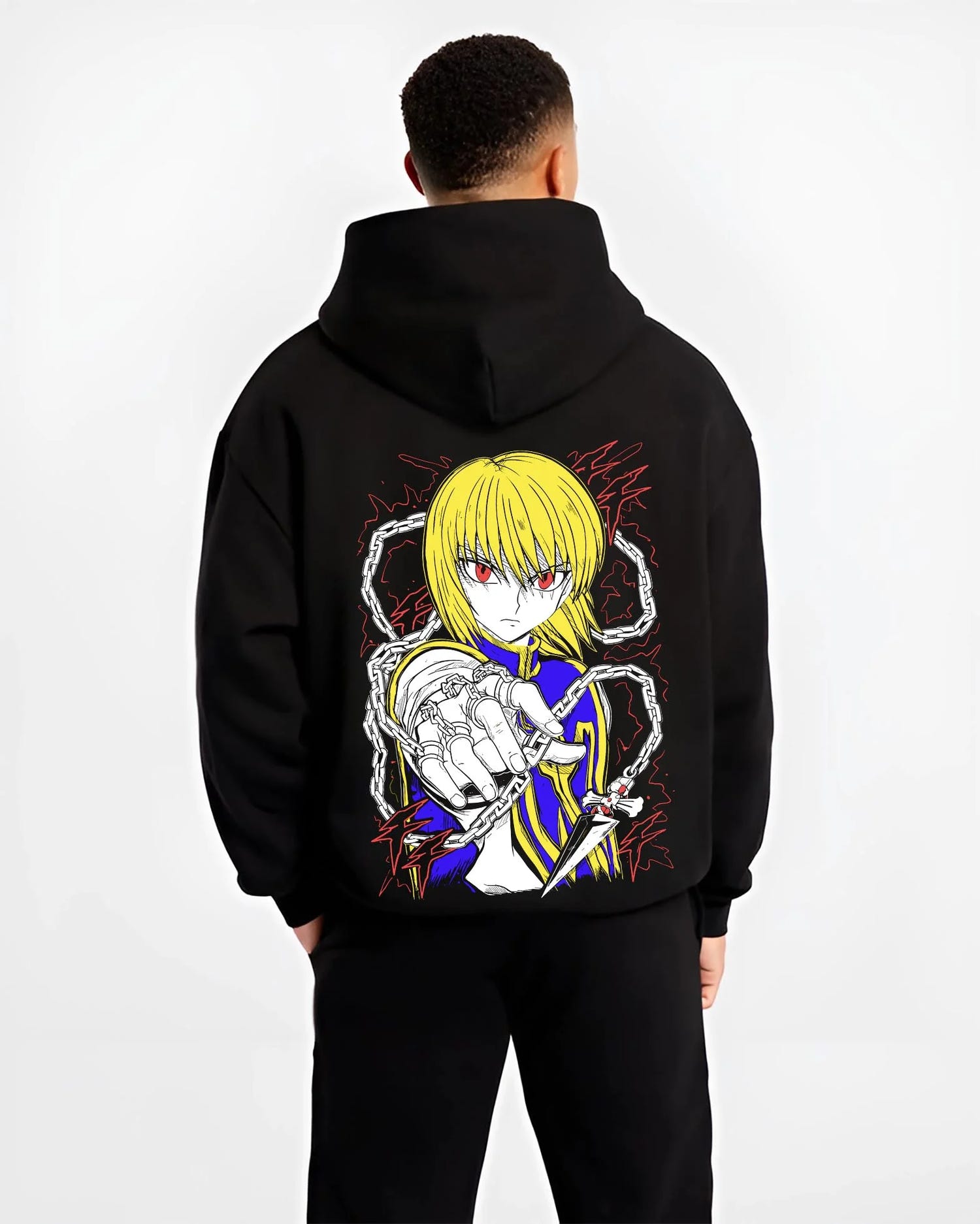 Black hoodie worn by male model, back view with Kurapika Hoodie Hunter x Hunter Chain Emperor graphic premium wear.