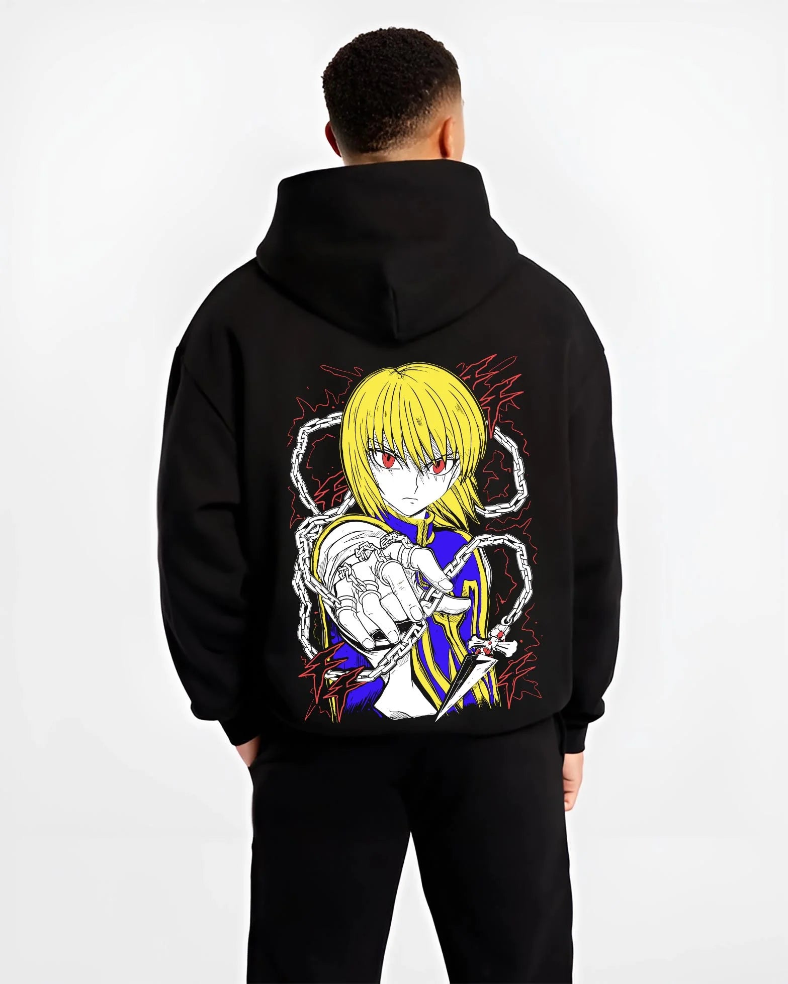 Black hoodie worn by male model, back view with Kurapika Hoodie Hunter x Hunter Chain Emperor graphic premium wear.