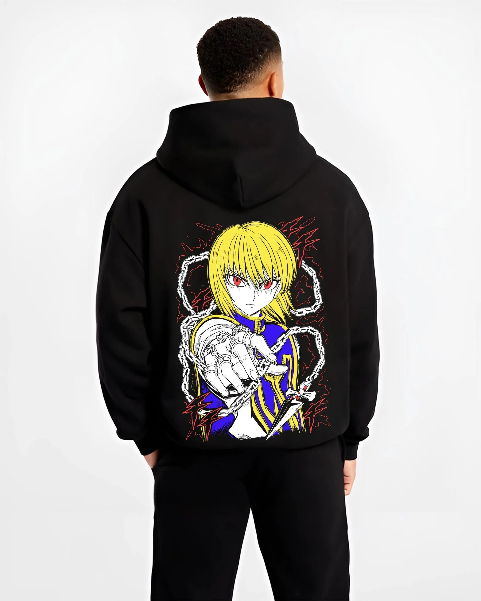 Black hoodie worn by male model, back view with Kurapika Hoodie Hunter x Hunter Chain Emperor graphic premium wear.