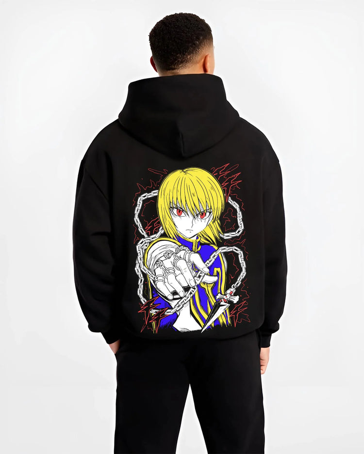 Black hoodie worn by male model, back view with Kurapika Hoodie Hunter x Hunter Chain Emperor graphic premium wear.