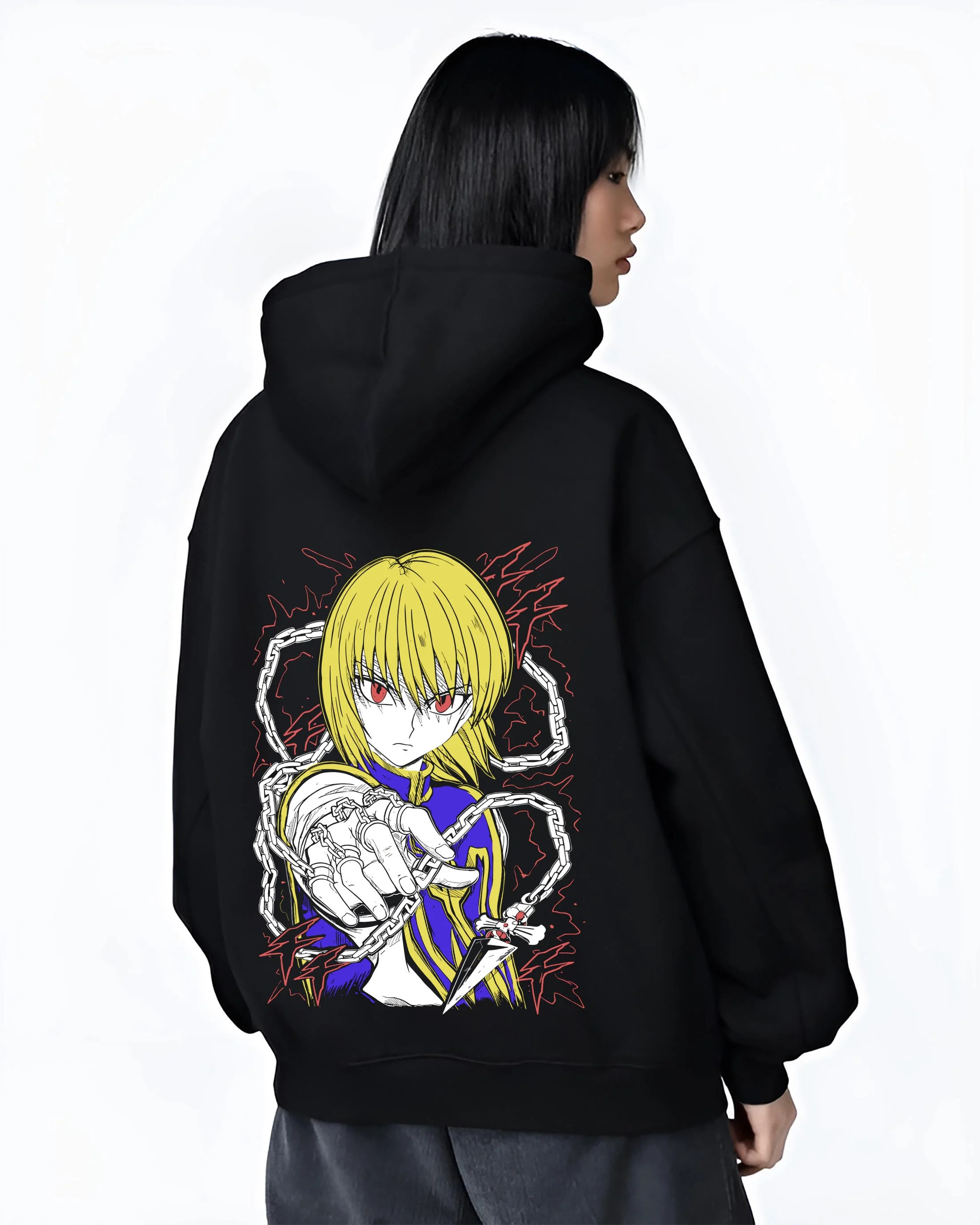 Black hoodie worn by female model, back view with Kurapika Hoodie Hunter x Hunter Chain Emperor graphic premium wear.