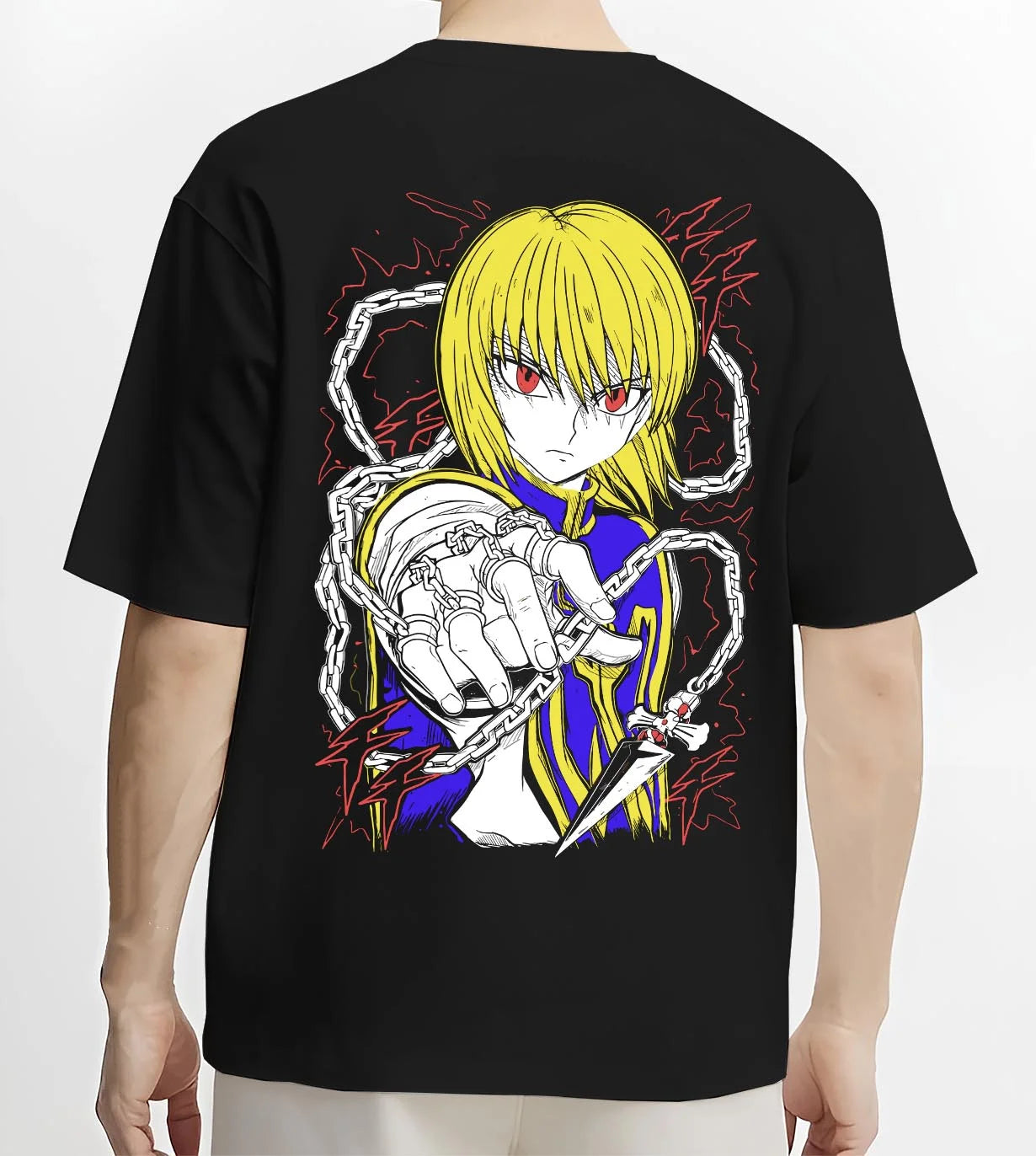 Black T-shirt worn by male model, back view with Kurapika Hoodie Hunter x Hunter Chain Emperor graphic streetwear graphic.
