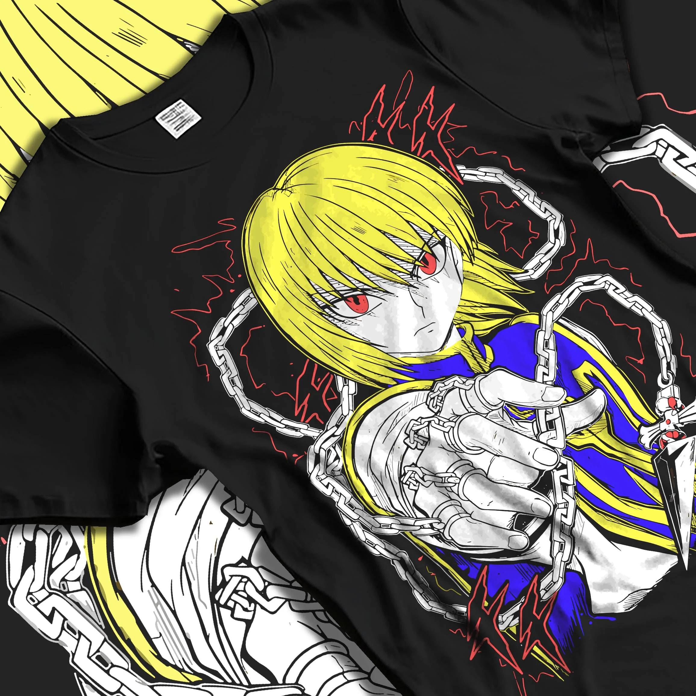 Black T-shirt laid flat with natural folds with Kurapika Hoodie Hunter x Hunter Chain Emperor graphic bold anime graphic.