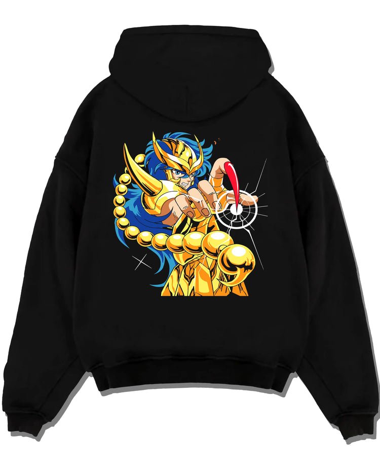Black hoodie laid flat featuring Scorpio Milo Scarlet Needle Gold Cloth Saint Seiya artwork.