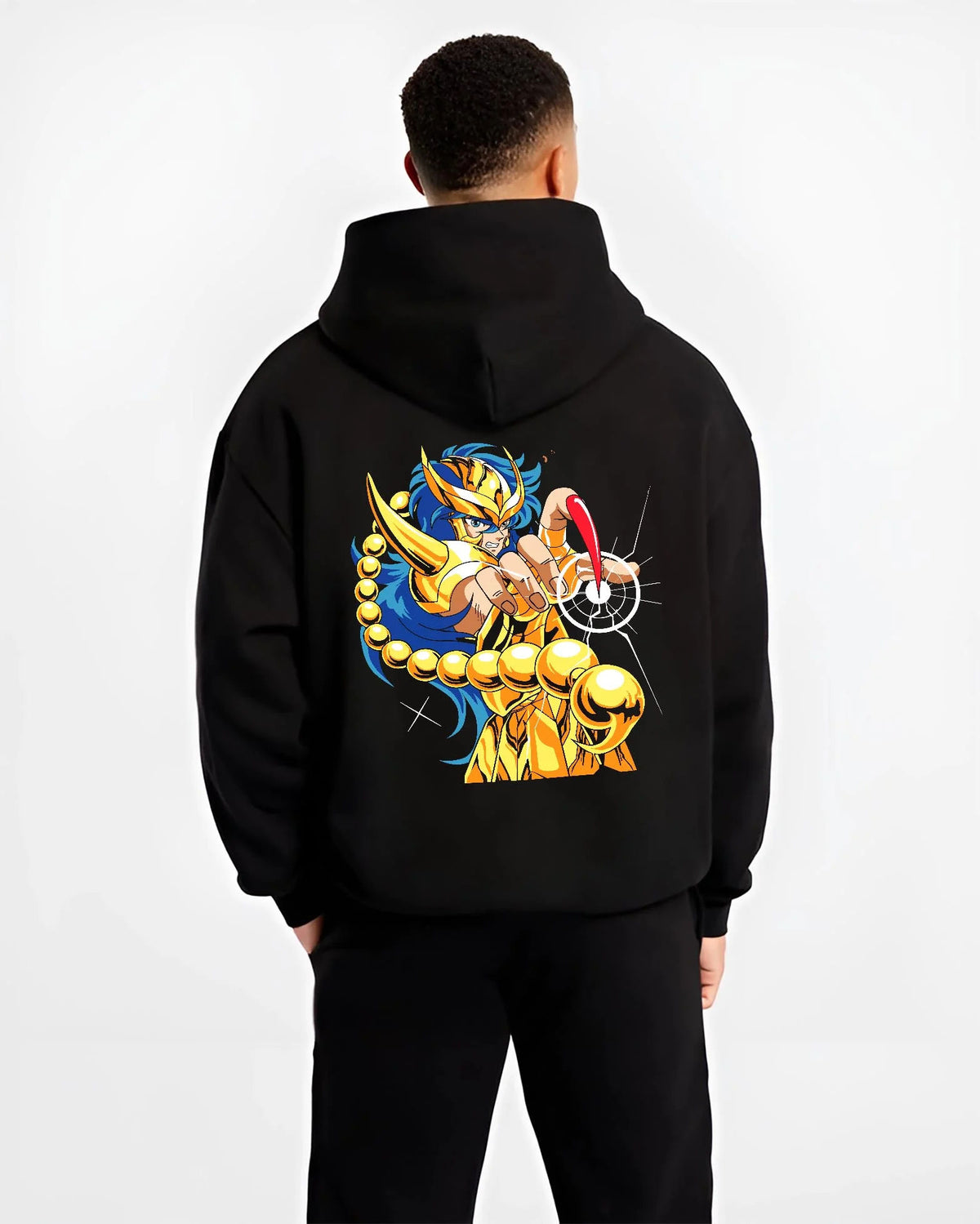 Black hoodie worn by male model from the back featuring Scorpio Milo Scarlet Needle Gold Cloth Saint Seiya artwork.