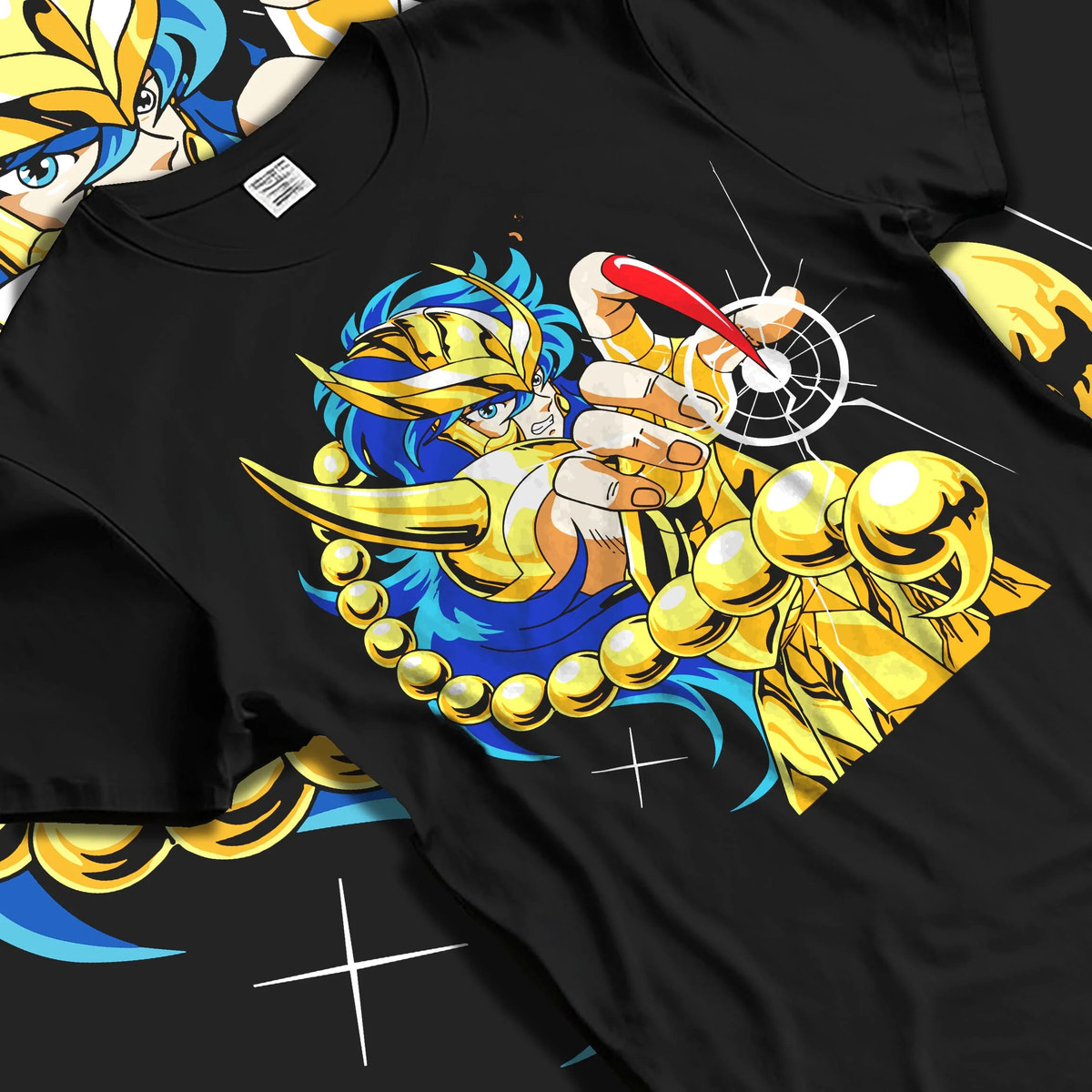 Black T-shirt laid flat with natural folds featuring Scorpio Milo Scarlet Needle Gold Cloth Saint Seiya artwork.