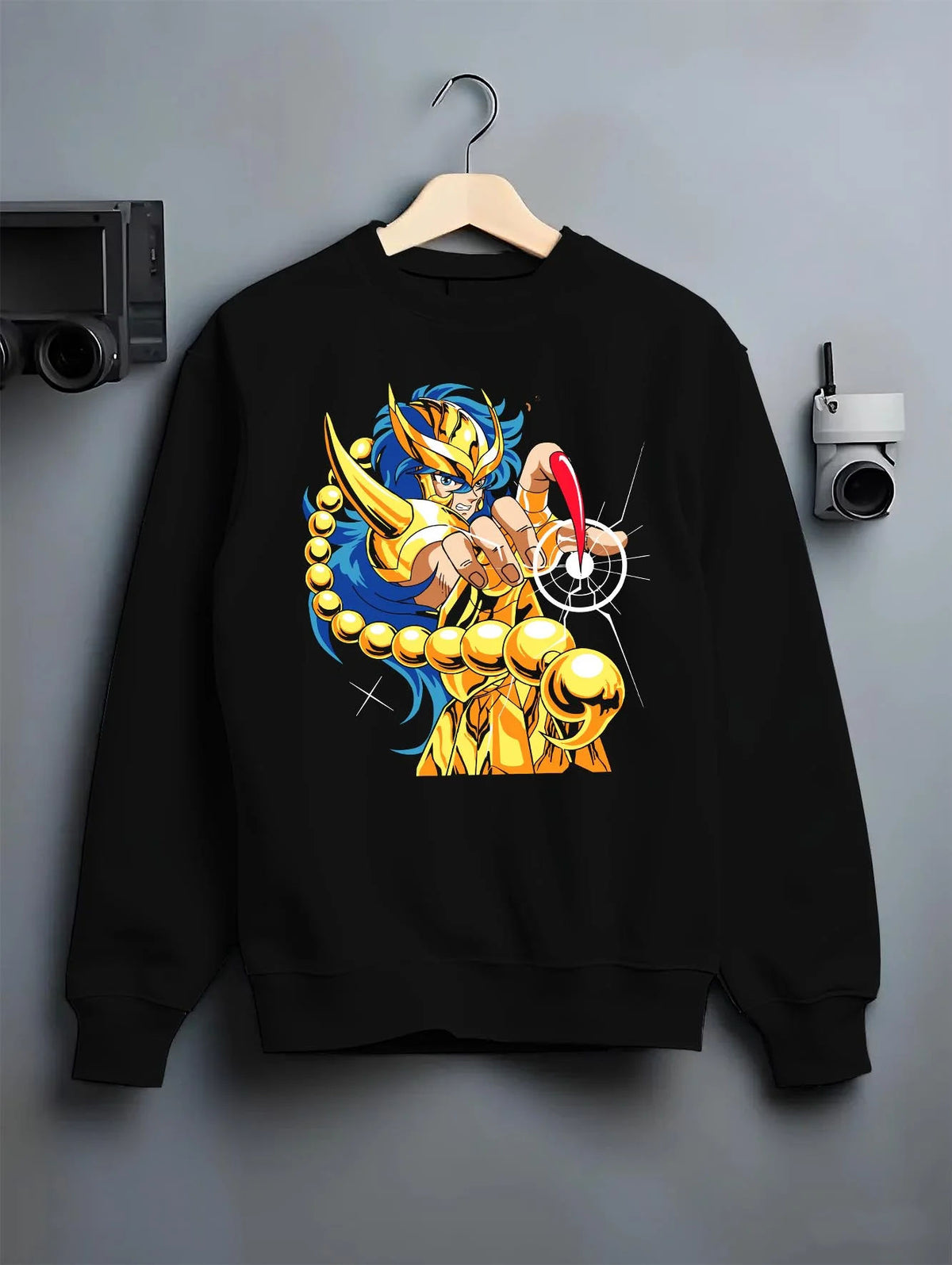Black crewneck sweatshirt on hanger featuring Scorpio Milo Scarlet Needle Gold Cloth Saint Seiya artwork.