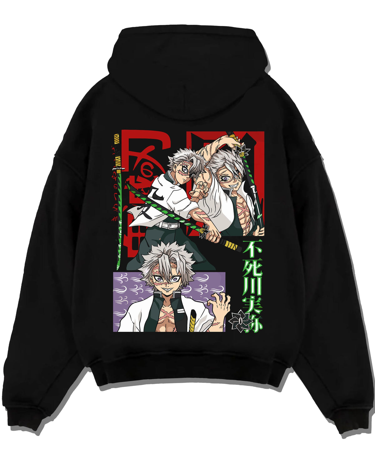 Black hoodie laid flat featuring Sanemi Shinazugawa Wind Hashira scars Demon Slayer artwork.