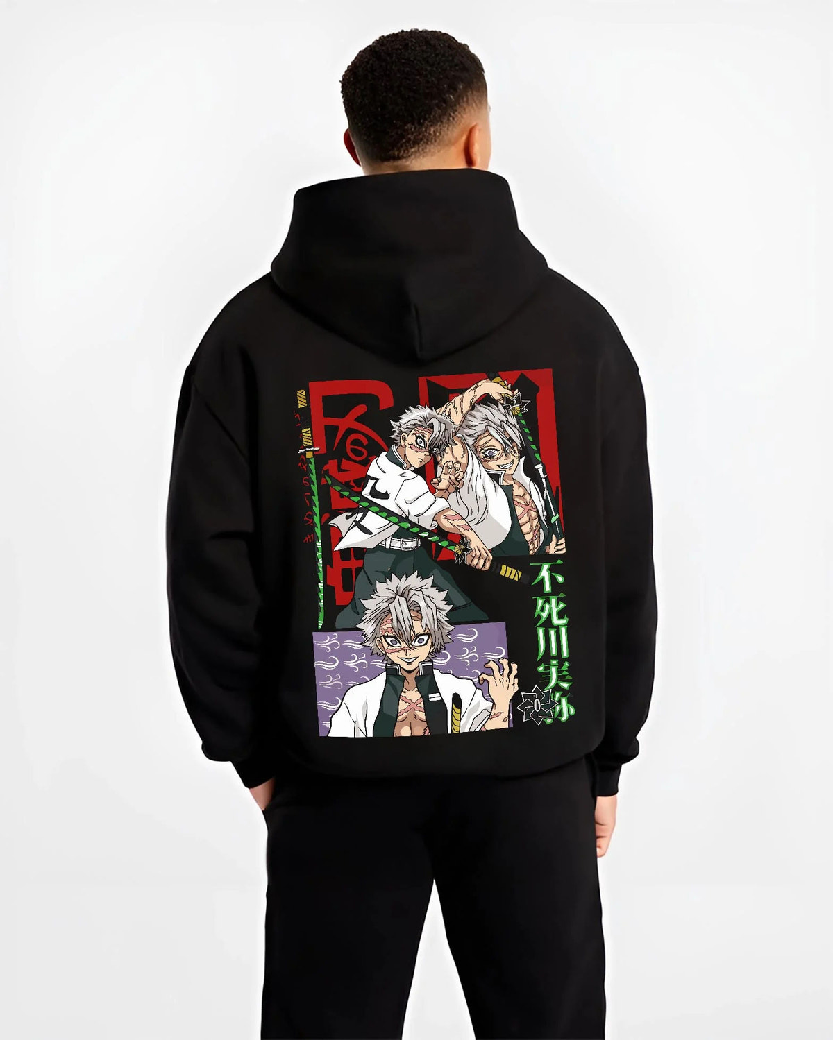 Black hoodie worn by male model from the back featuring Sanemi Shinazugawa Wind Hashira scars Demon Slayer artwork.