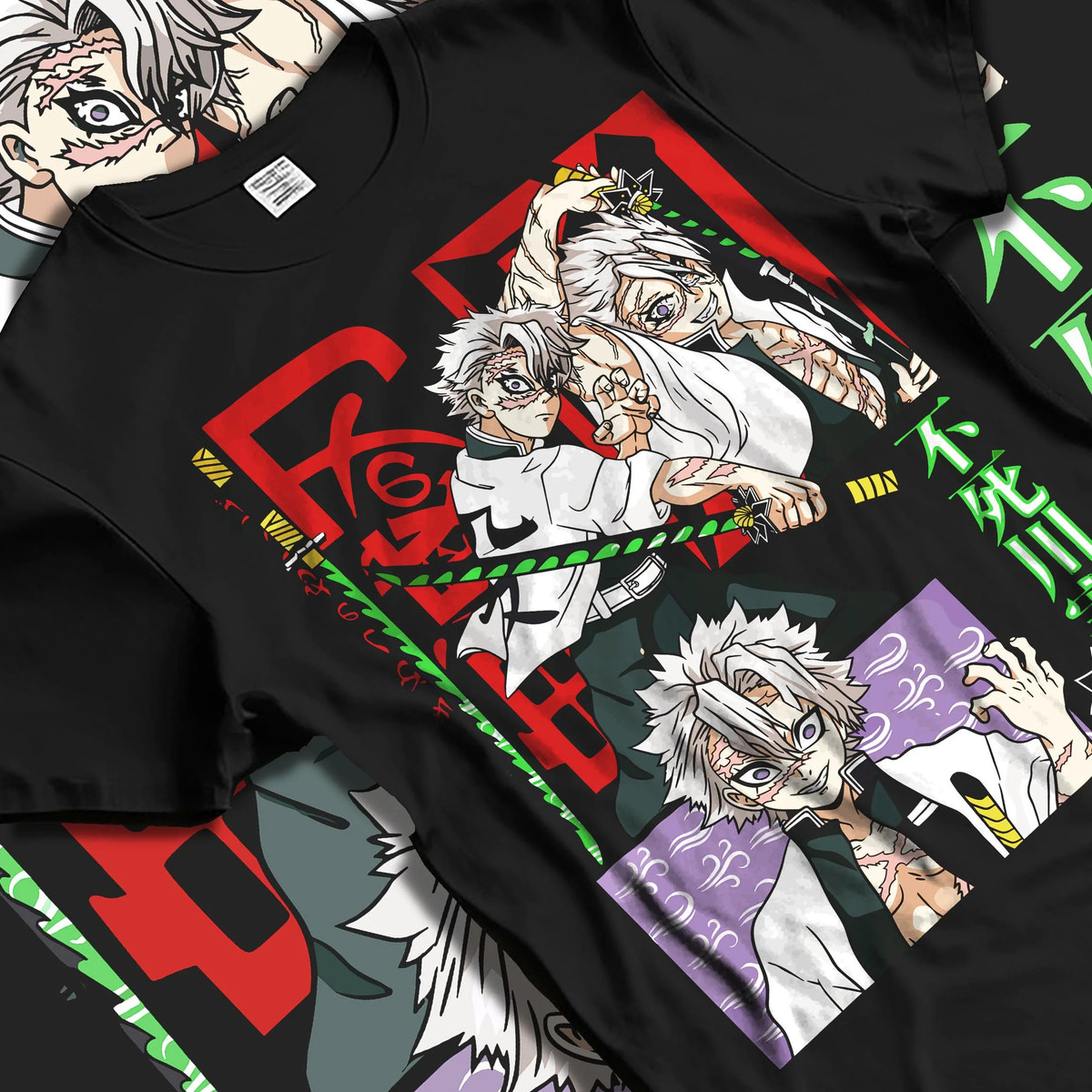 Black T-shirt laid flat with natural folds featuring Sanemi Shinazugawa Wind Hashira scars Demon Slayer artwork.