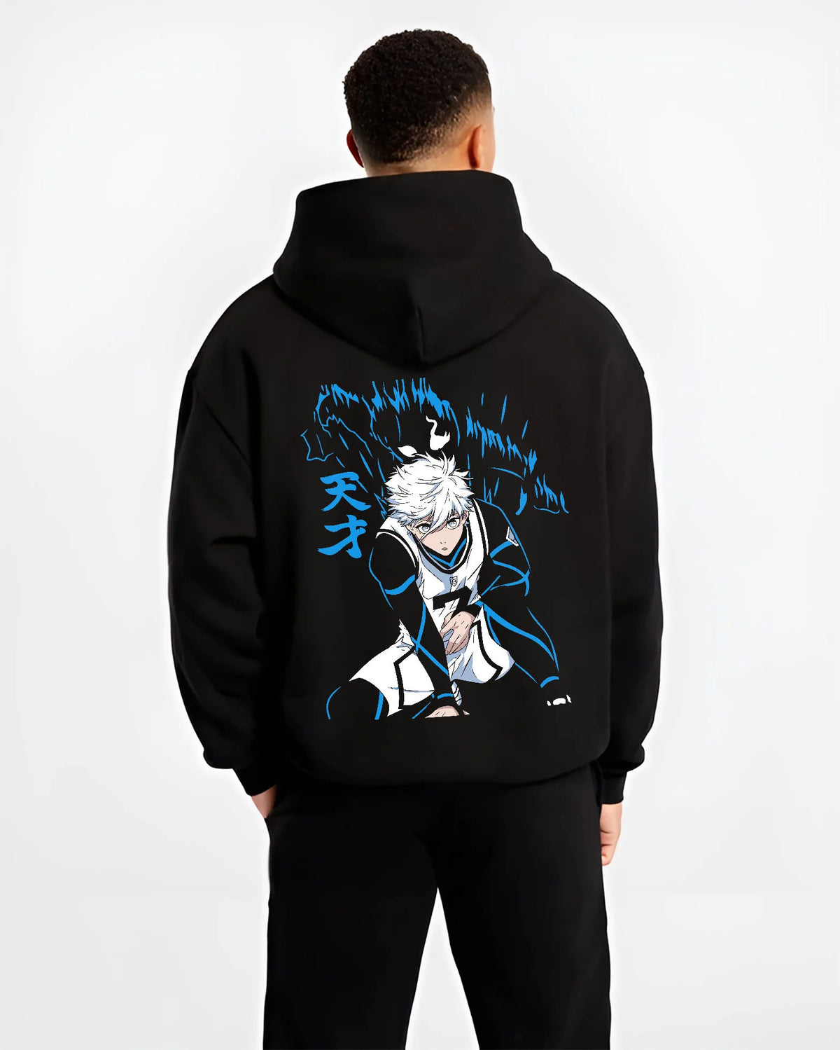 Black hoodie model back view showing Seishiro Nagi from Blue Lock: Blue Lock football