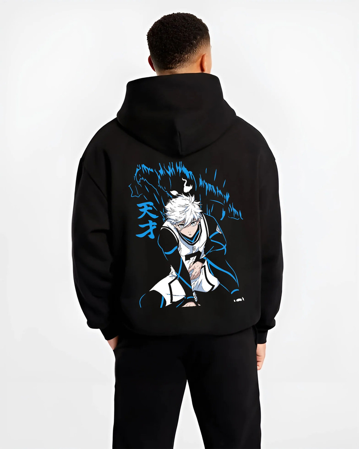 Black hoodie model back view showing Seishiro Nagi from Blue Lock: Blue Lock football
