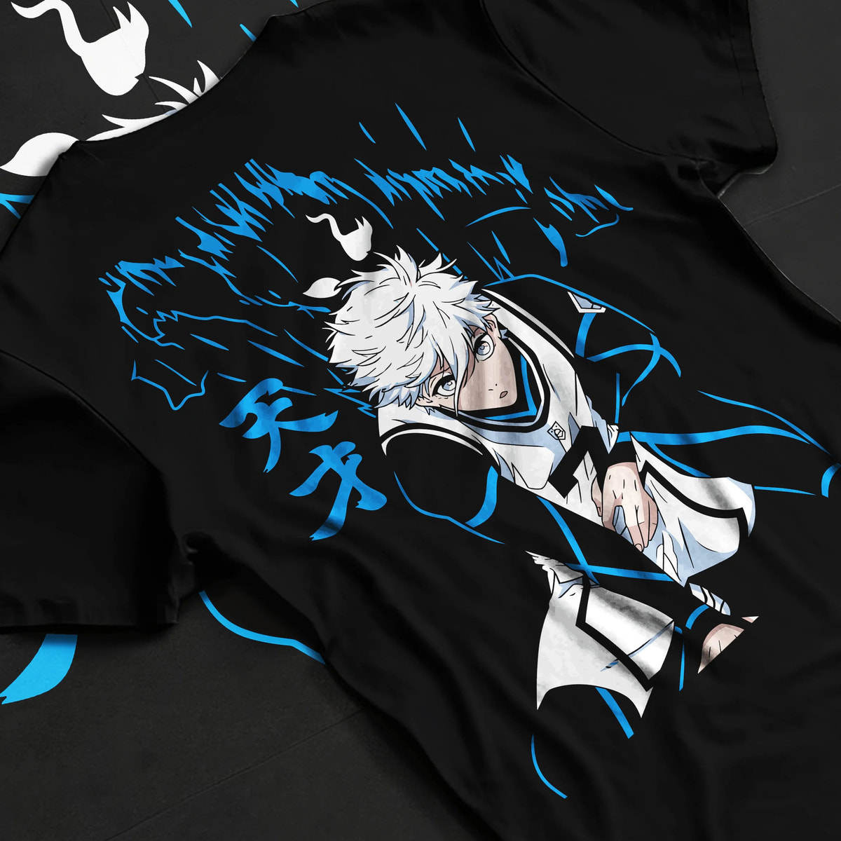 Black T-shirt flat back view showing Seishiro Nagi from Blue Lock: Blue Lock football