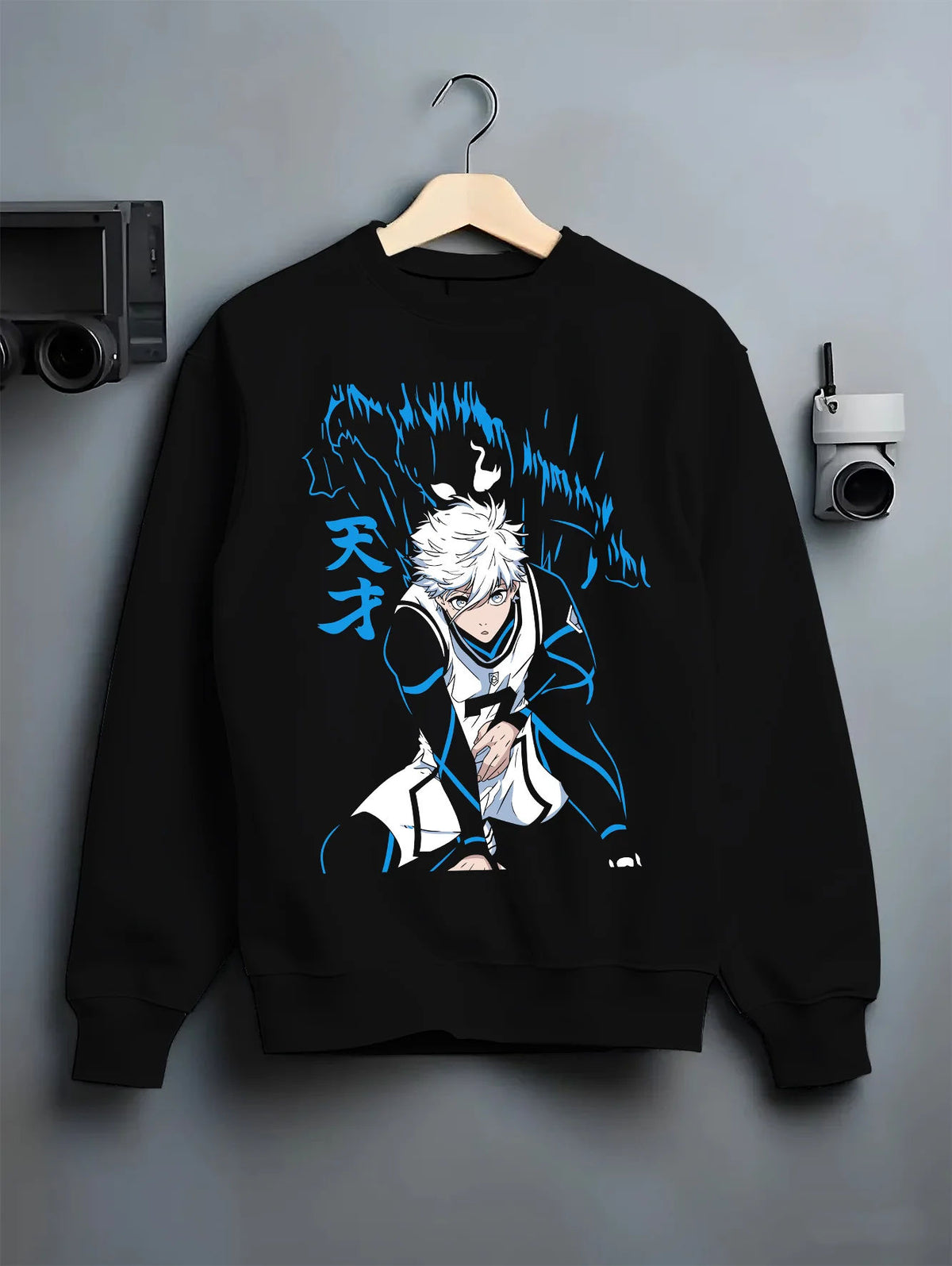 Black crewneck sweatshirt on hanger showing Seishiro Nagi from Blue Lock: Blue Lock football