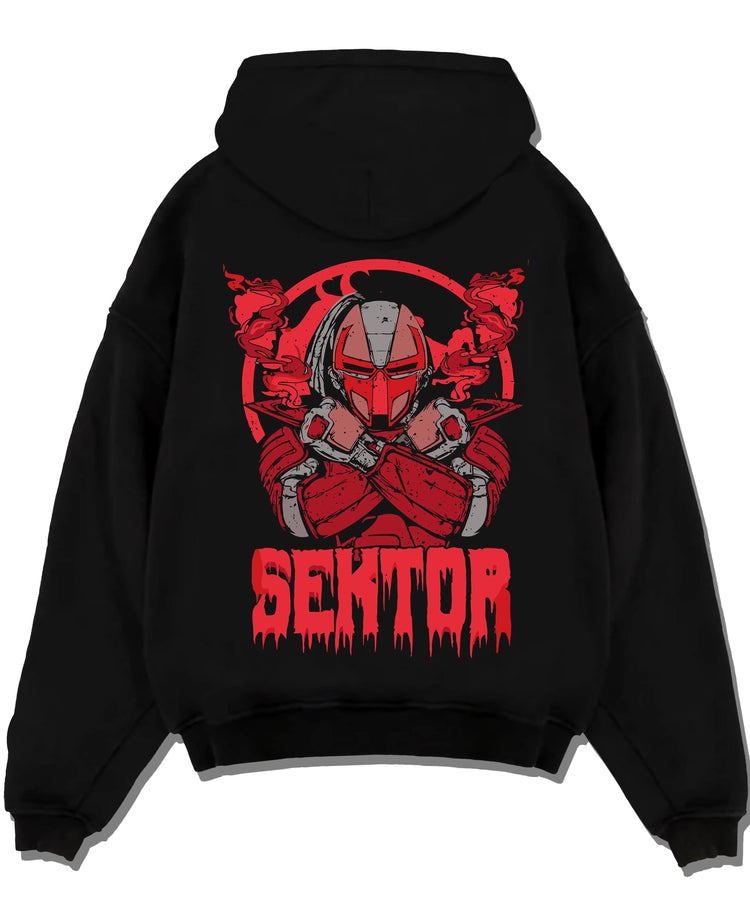 Black hoodie laid flat featuring Sektor cyber ninja missile battle Mortal Kombat artwork.