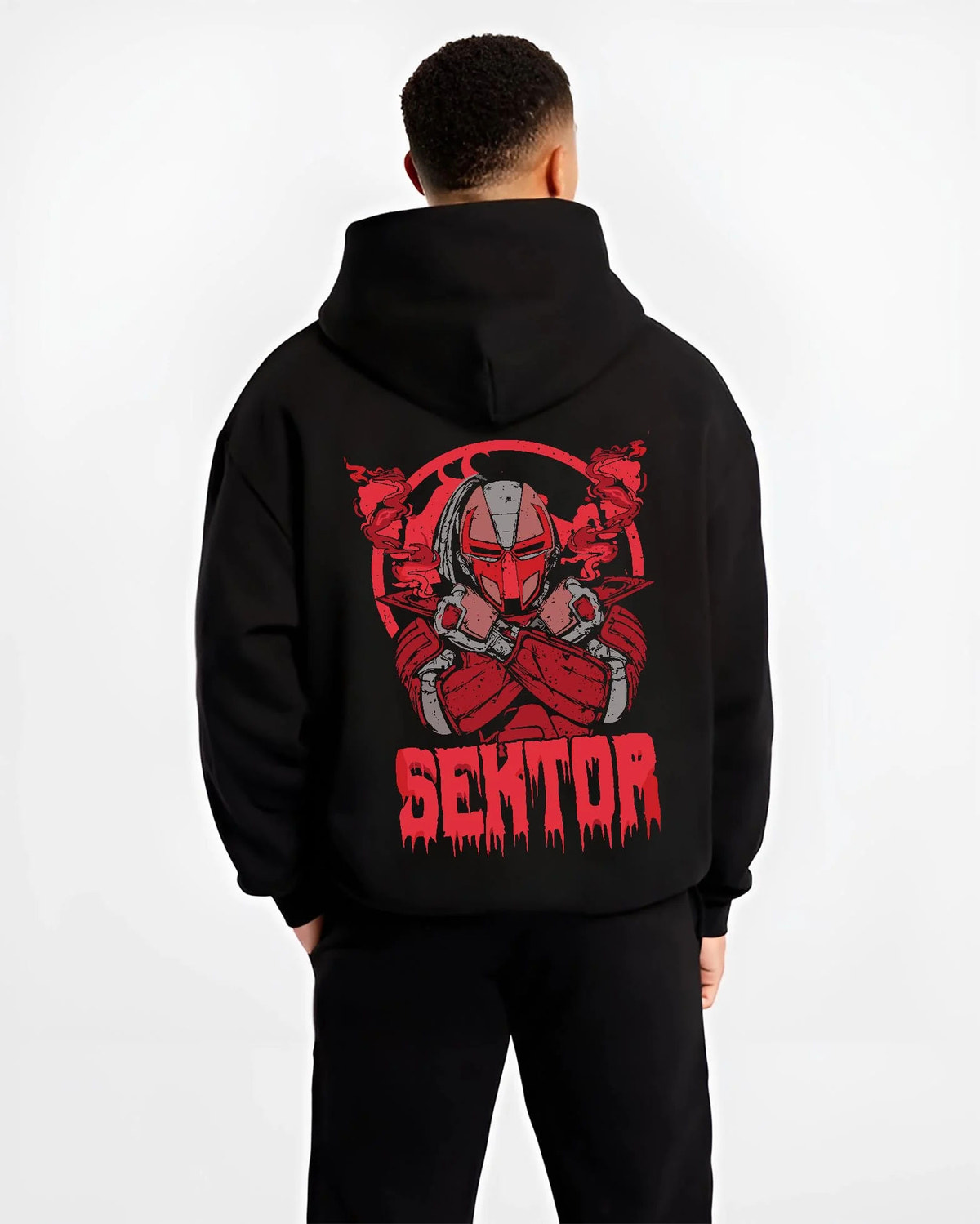 Black hoodie worn by male model from the back featuring Sektor cyber ninja missile battle Mortal Kombat artwork.