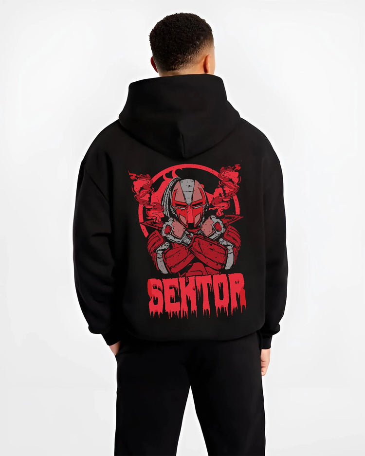Black hoodie worn by male model from the back featuring Sektor cyber ninja missile battle Mortal Kombat artwork.