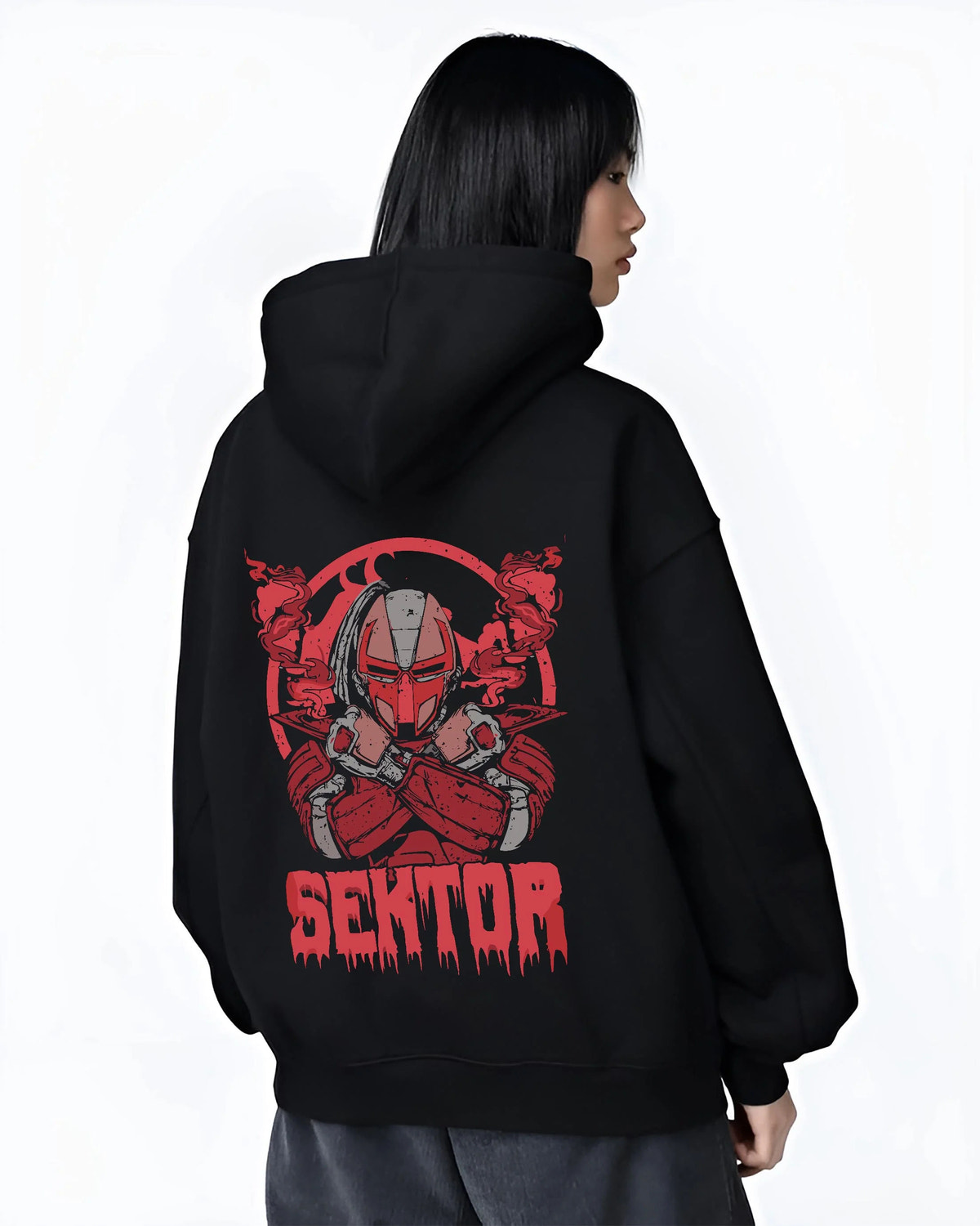 Black hoodie worn by female model from the back featuring Sektor cyber ninja missile battle Mortal Kombat artwork.