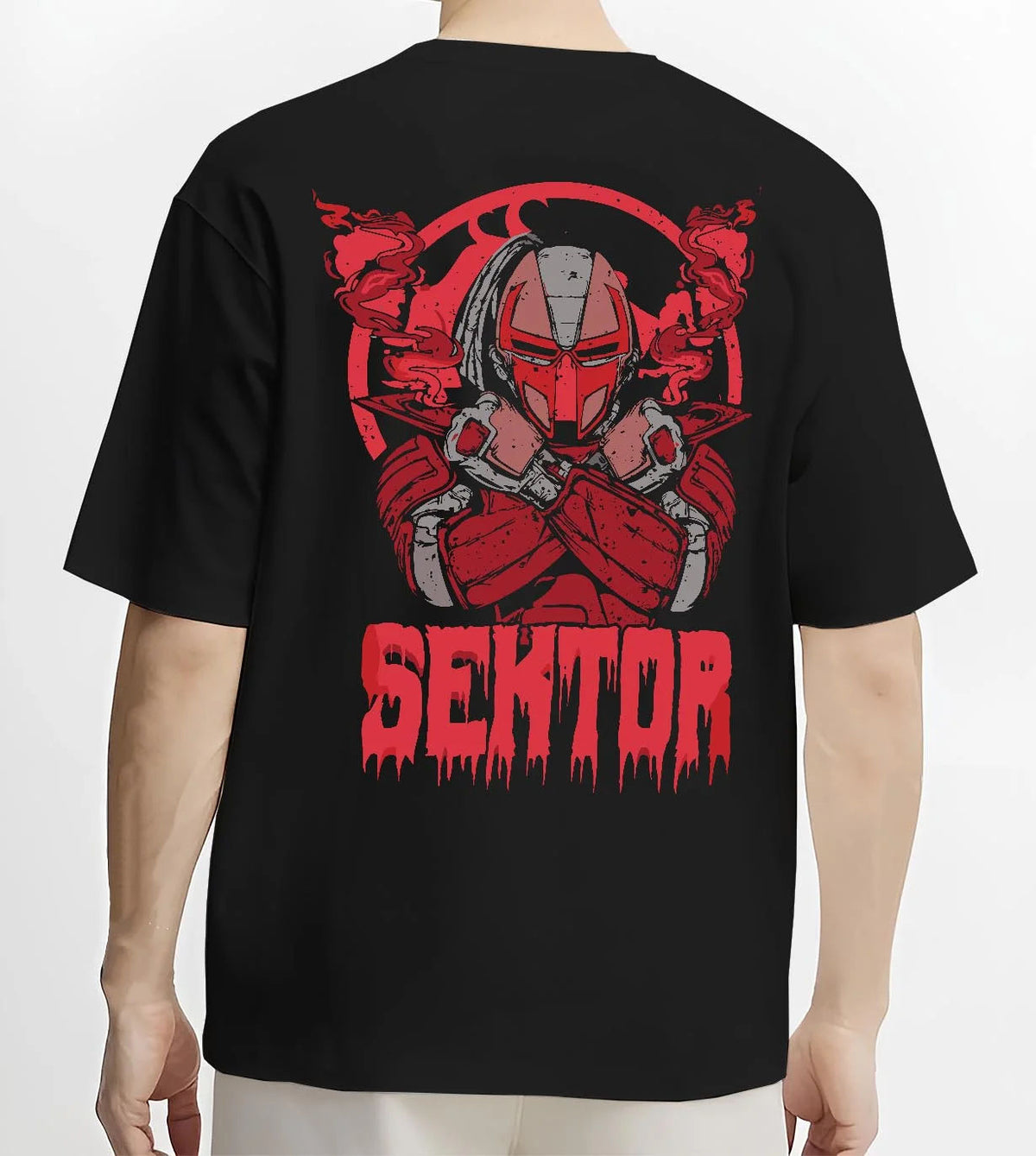 Black T-shirt worn by male model from the back featuring Sektor cyber ninja missile battle Mortal Kombat artwork.