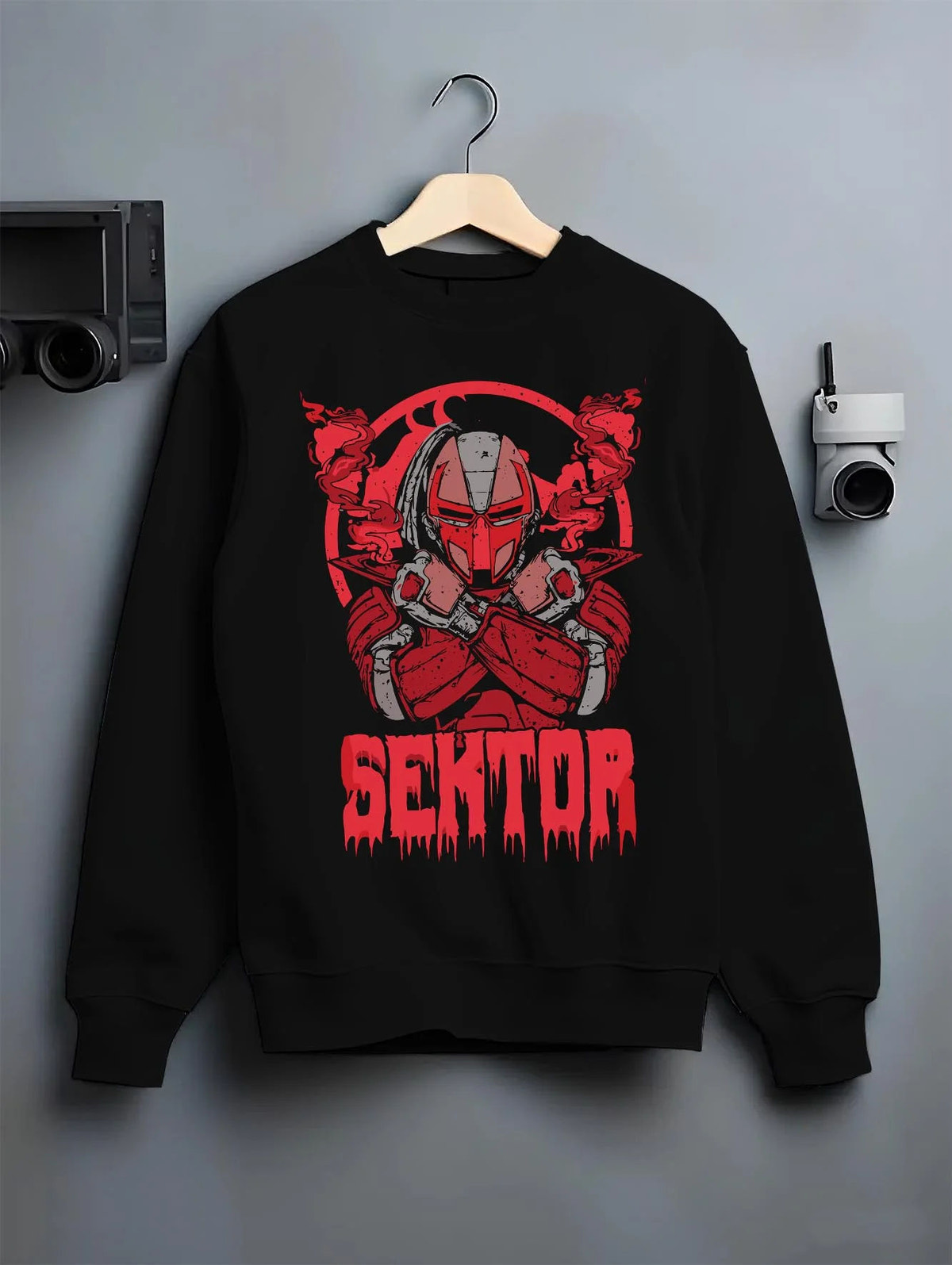 Black crewneck sweatshirt on hanger featuring Sektor cyber ninja missile battle Mortal Kombat artwork.