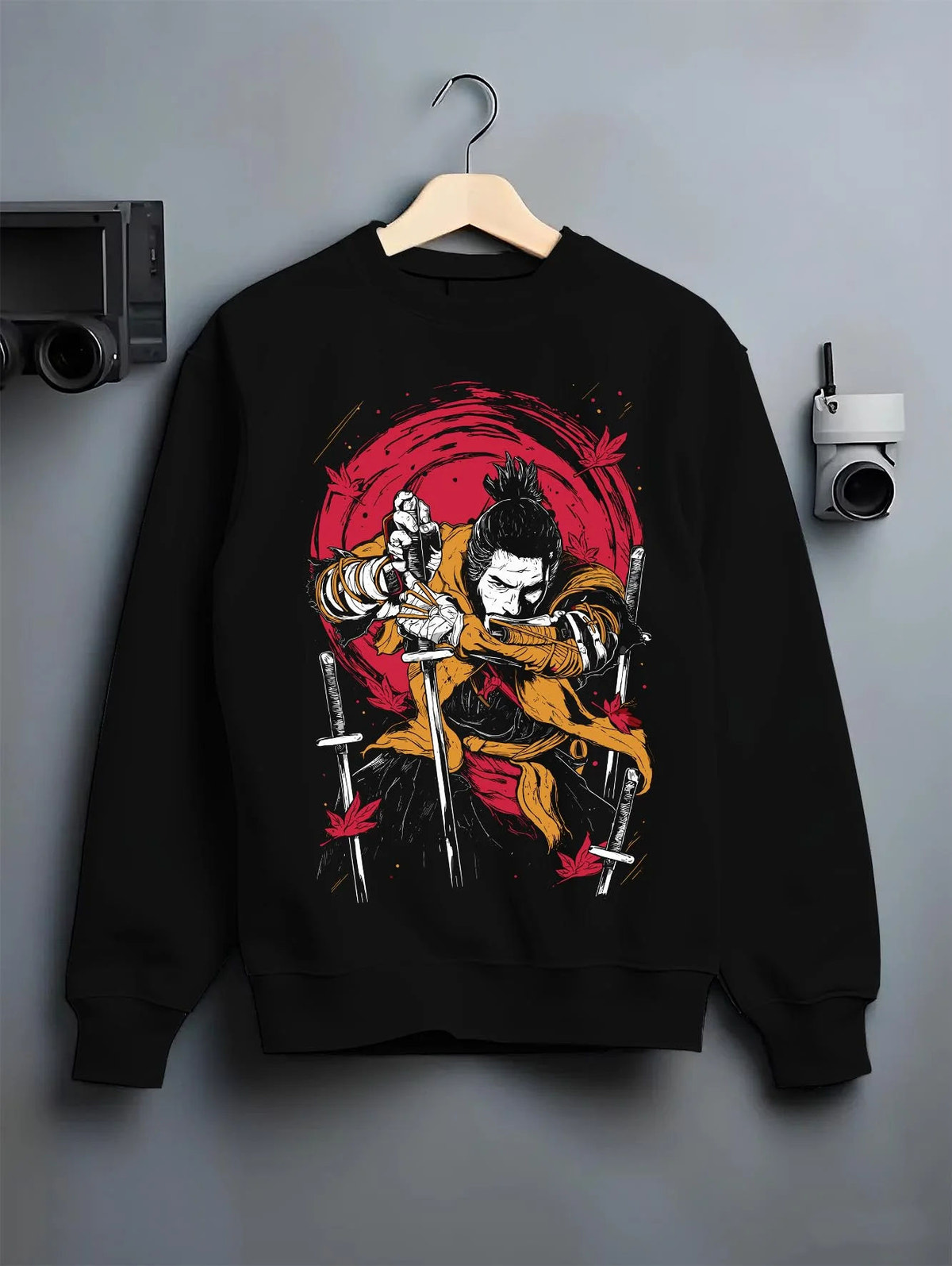 Black crewneck sweatshirt on hanger featuring Wolf shinobi sword battle Sekiro: Shadows Die Twice artwork.
